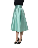Green Satin High-Waisted Pleated A-line Midi Skirt
