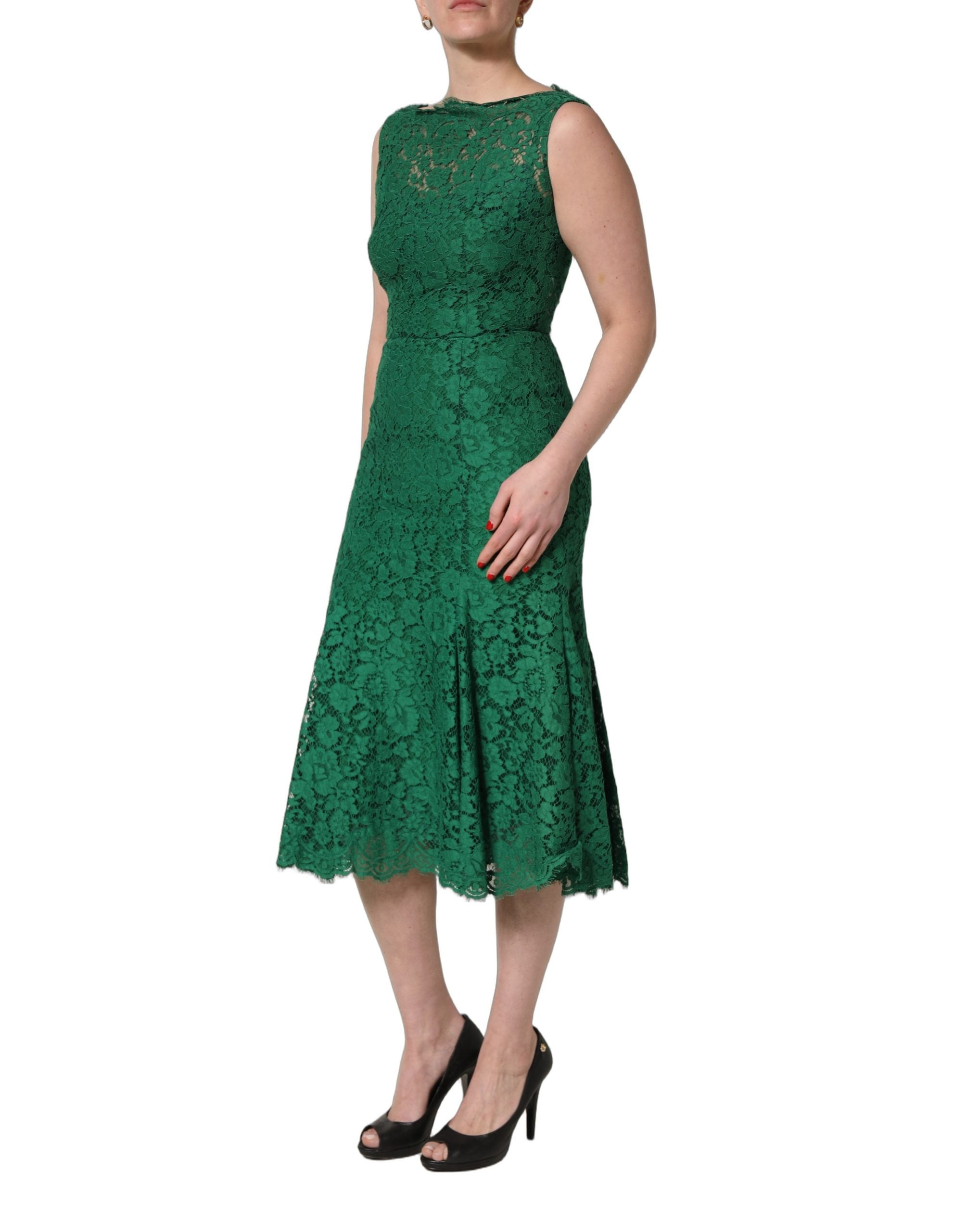 Green Floral Lace Cotton Sleeveless Midi Dress
