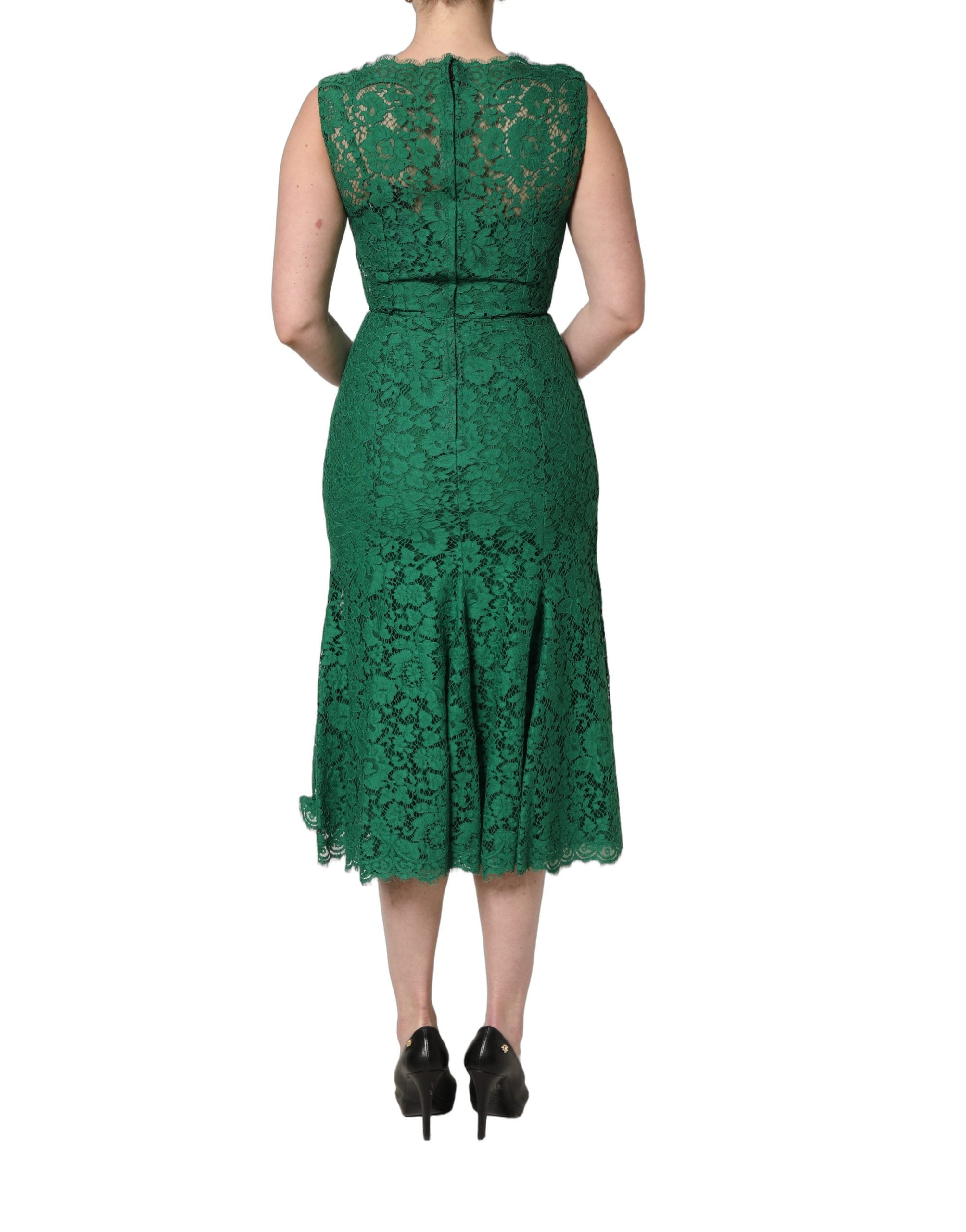 Green Floral Lace Cotton Sleeveless Midi Dress