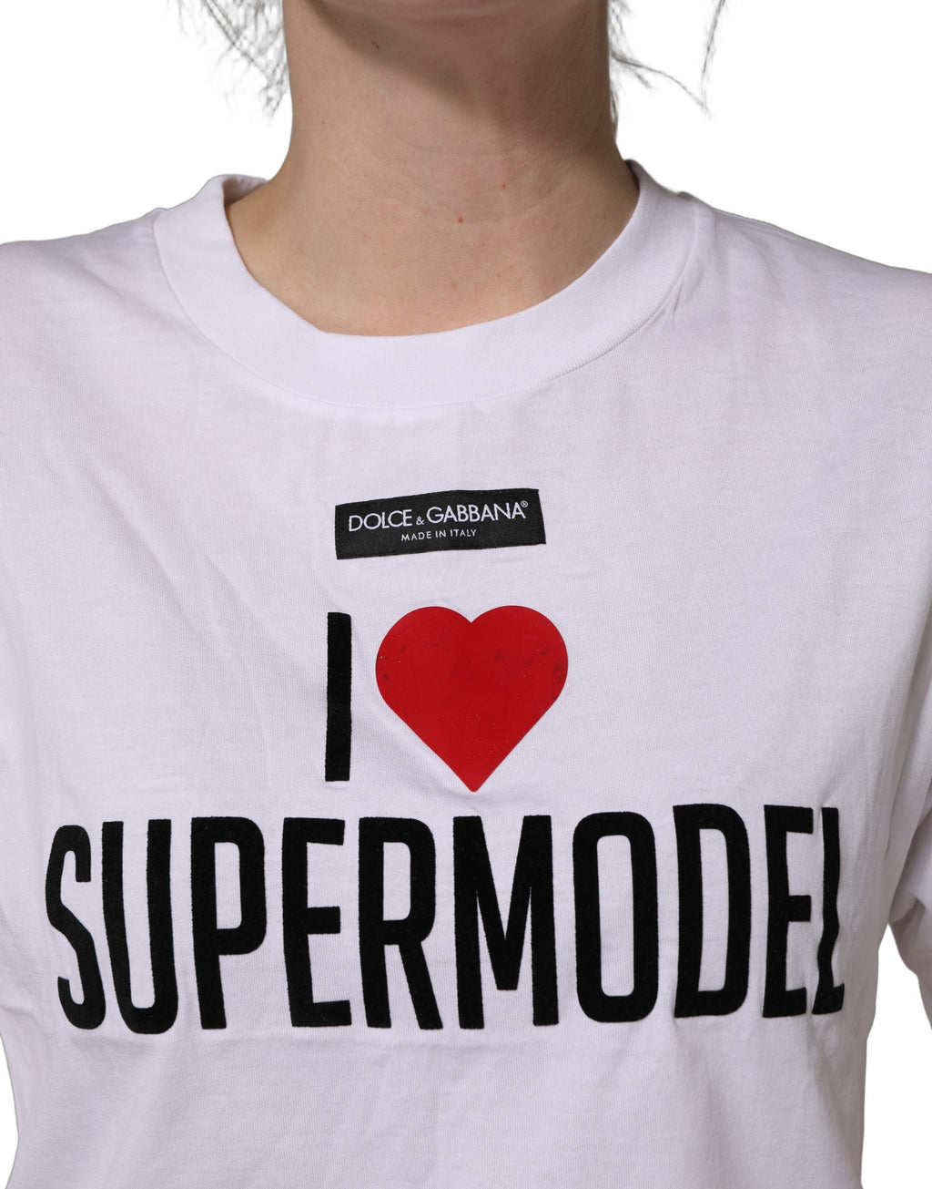 White I Love Supermodel Cotton Crew Neck T-shirt