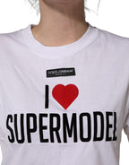 White I Love Supermodel Cotton Crew Neck T-shirt