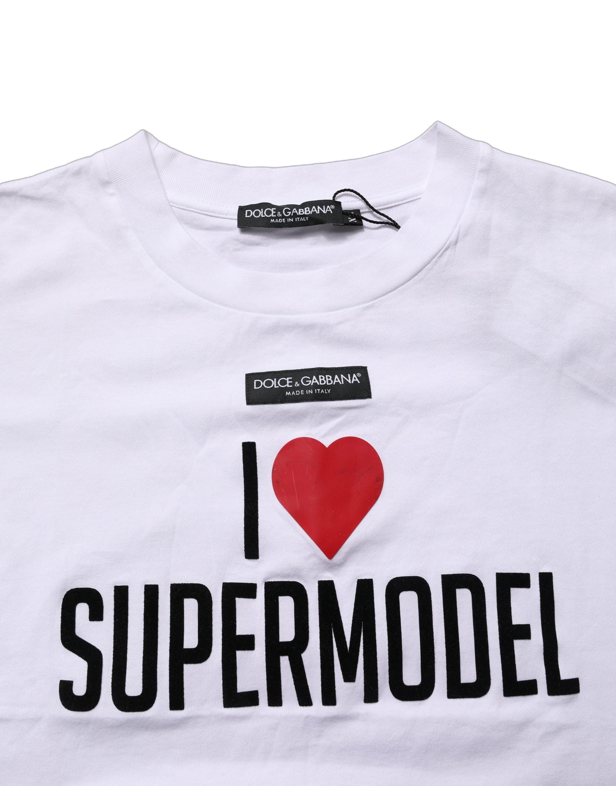 White I Love Supermodel Cotton Crew Neck T-shirt