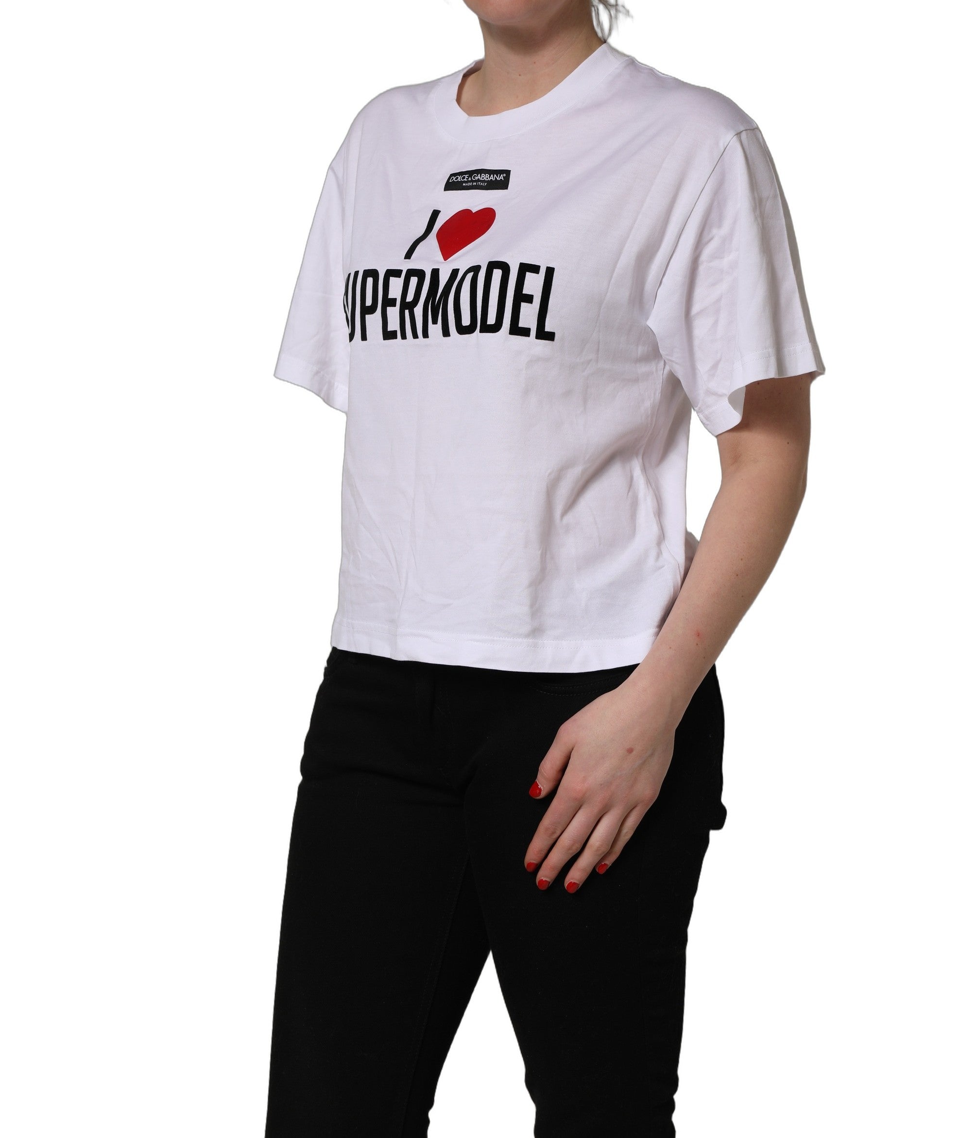 White I Love Supermodel Cotton Crew Neck T-shirt