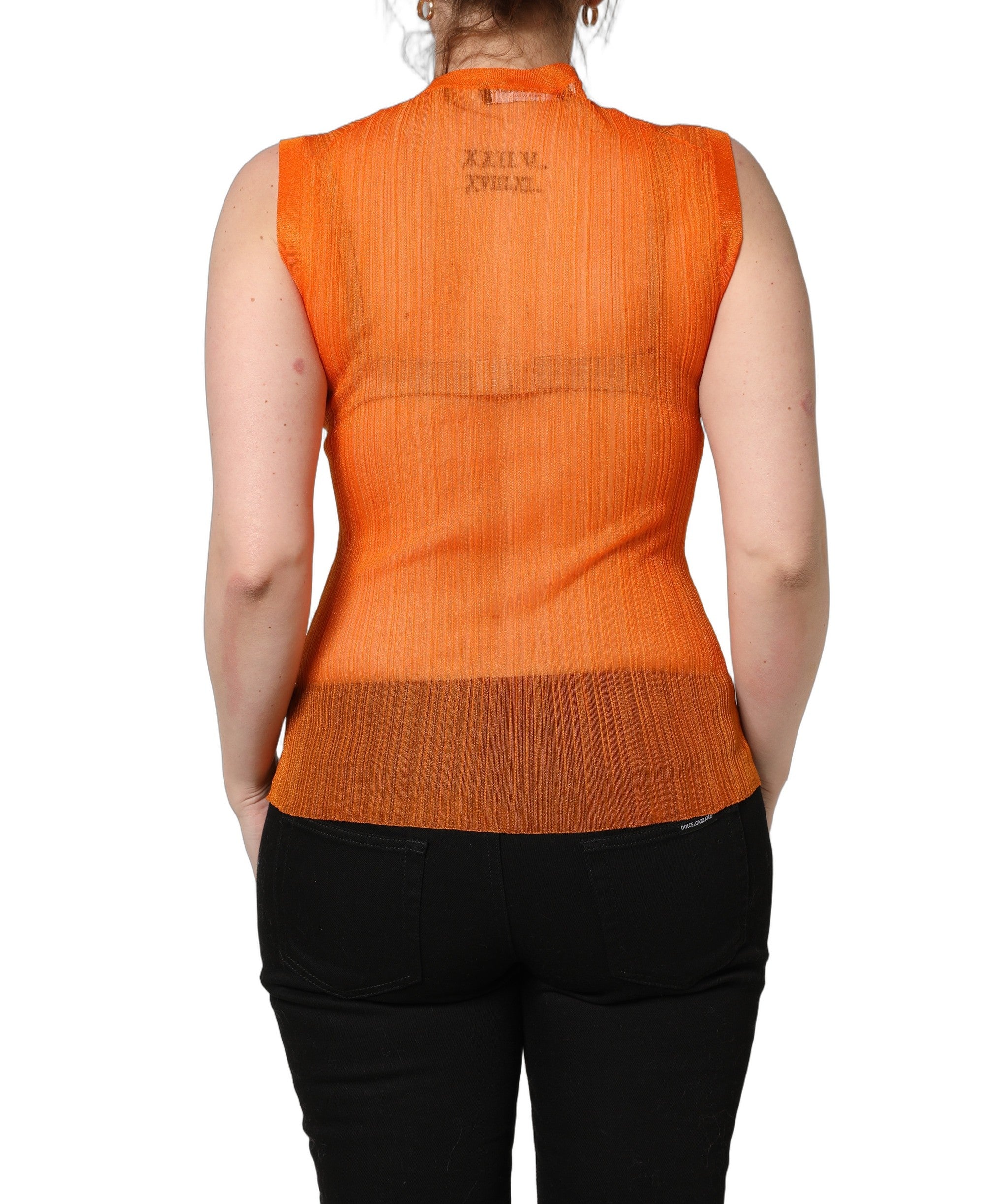 Orange See Through Crew Neck Blouse Tank Top