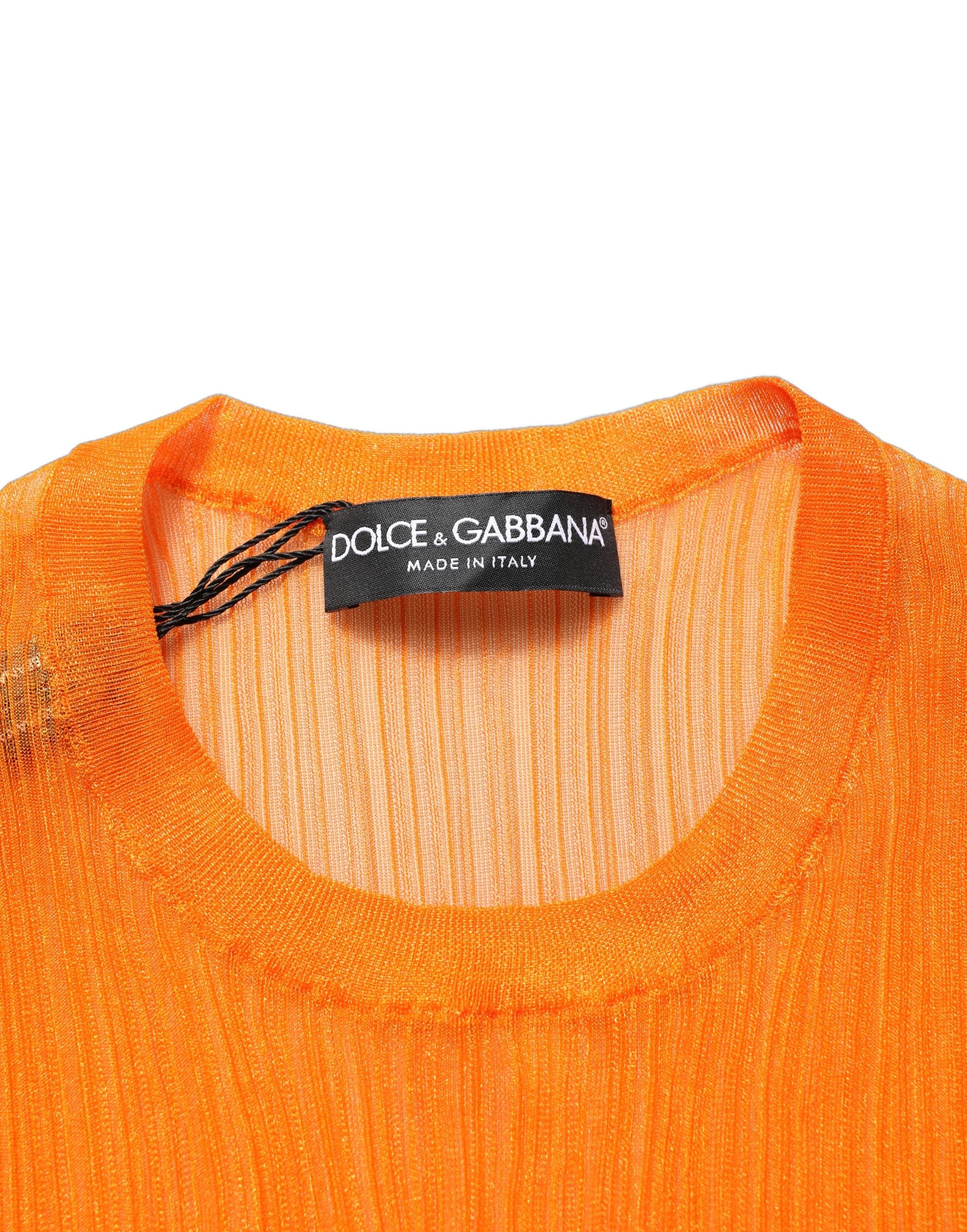 Orange See Through Crew Neck Blouse Tank Top