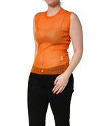 Orange See Through Crew Neck Blouse Tank Top