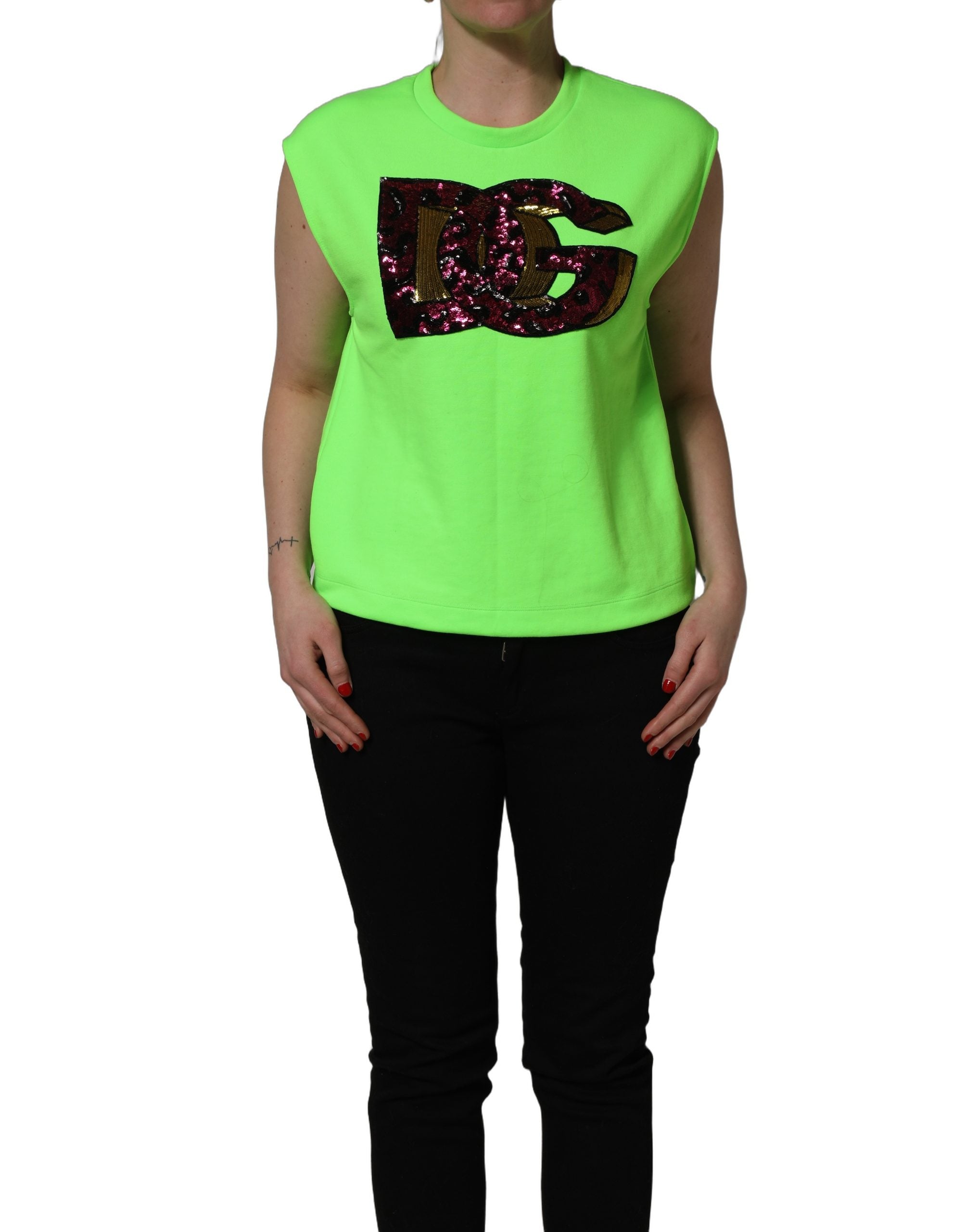 Neon Green DG Sequined Sleeveless Jersey Top