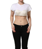 White Bustier Short Sleeve CrewNeck Cropped Top