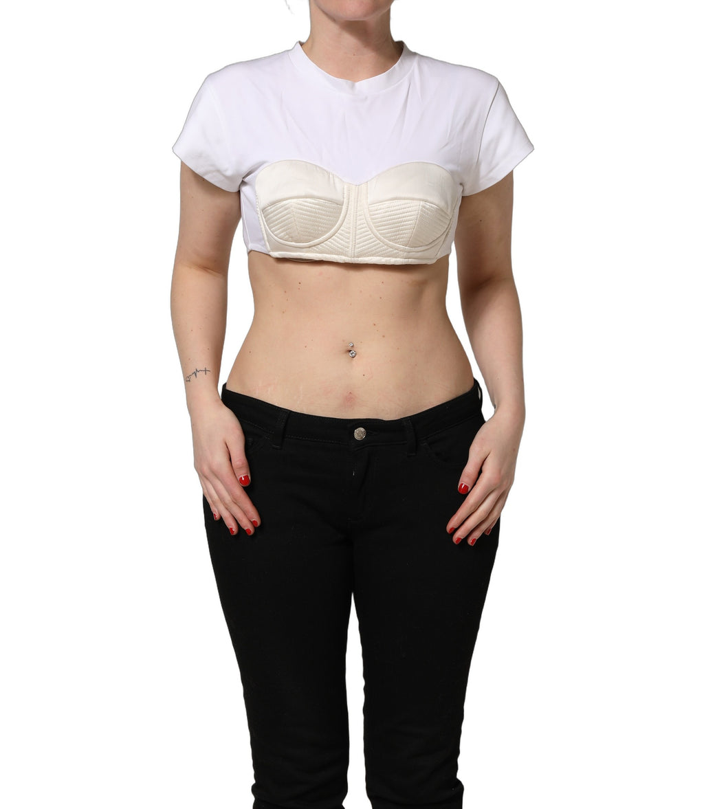 White Bustier Short Sleeve CrewNeck Cropped Top