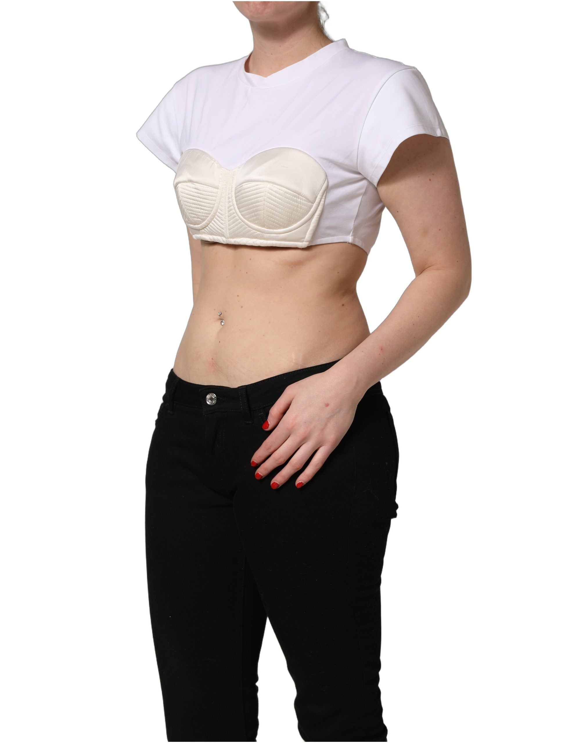 White Bustier Short Sleeve CrewNeck Cropped Top