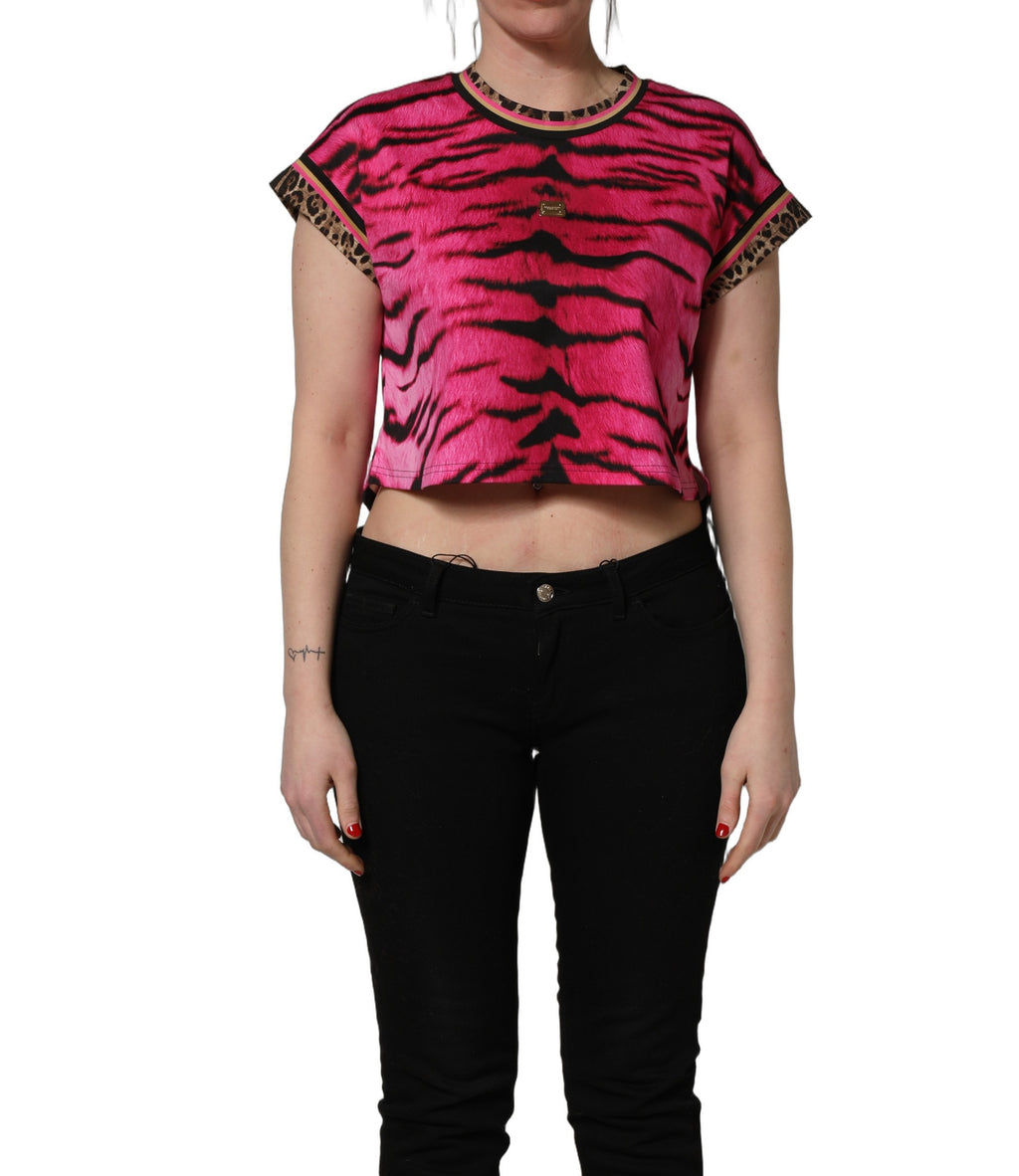 Pink Zebra Sleeveless Crew Neck Cropped T-shirt