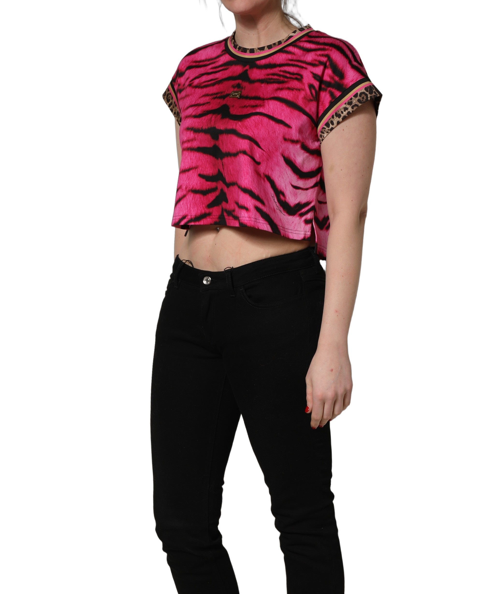 Pink Zebra Sleeveless Crew Neck Cropped T-shirt