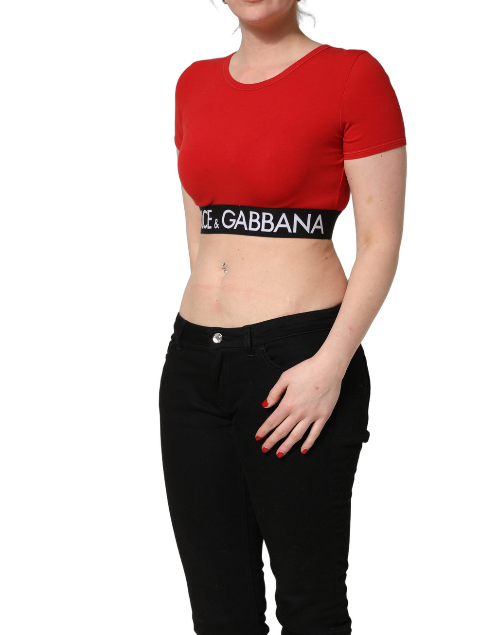 Red Cotton Logo Tape Cropped Short Sleeve T-shirt