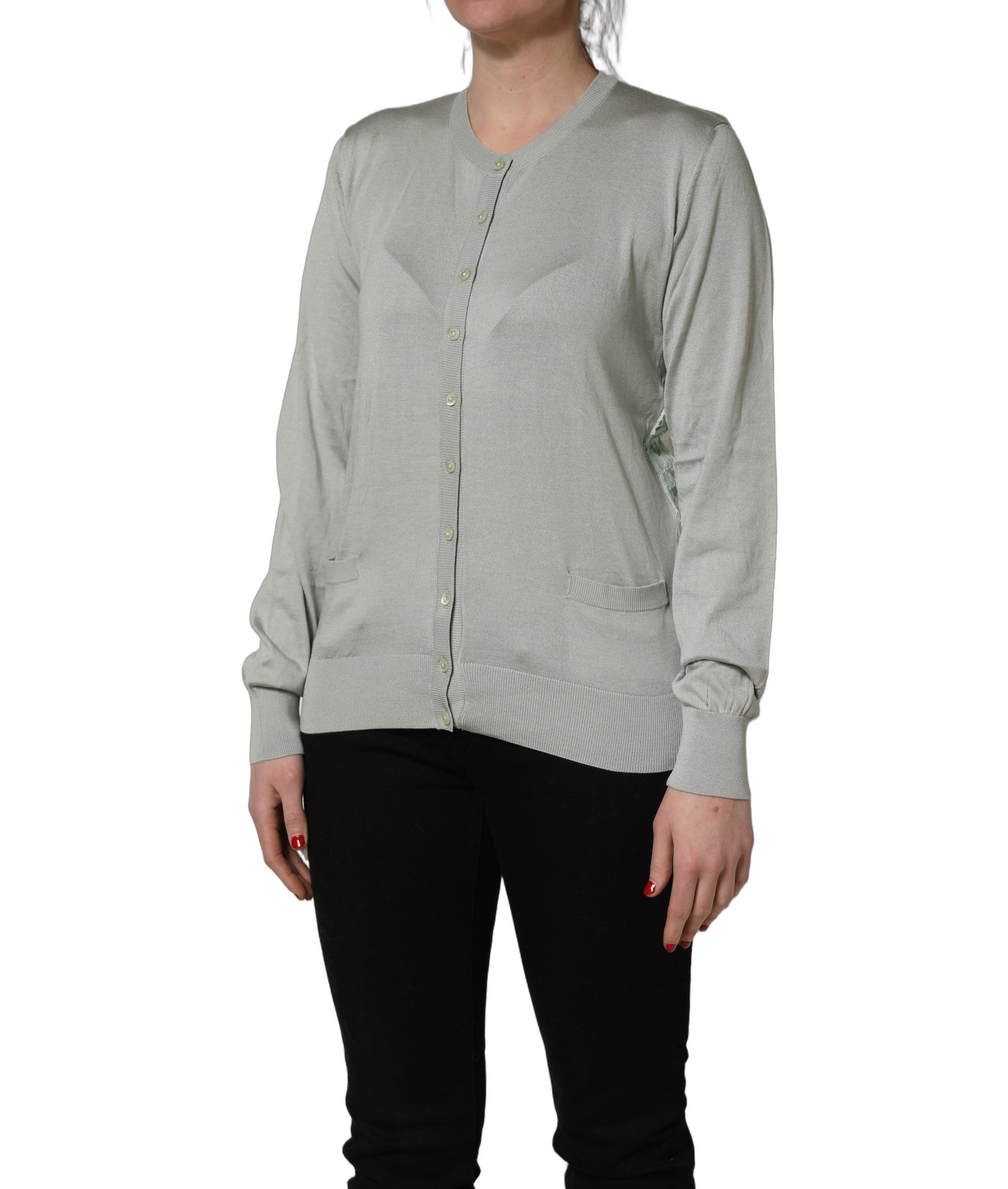 Green Button Down Silk Long Sleeve Cardigan Sweater