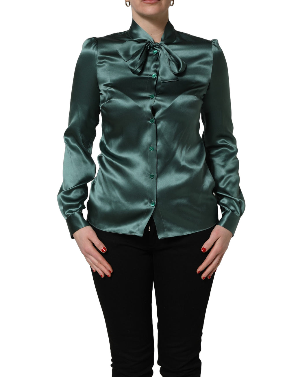 Dark Green Silk Satin Blouse Neck Tie Top
