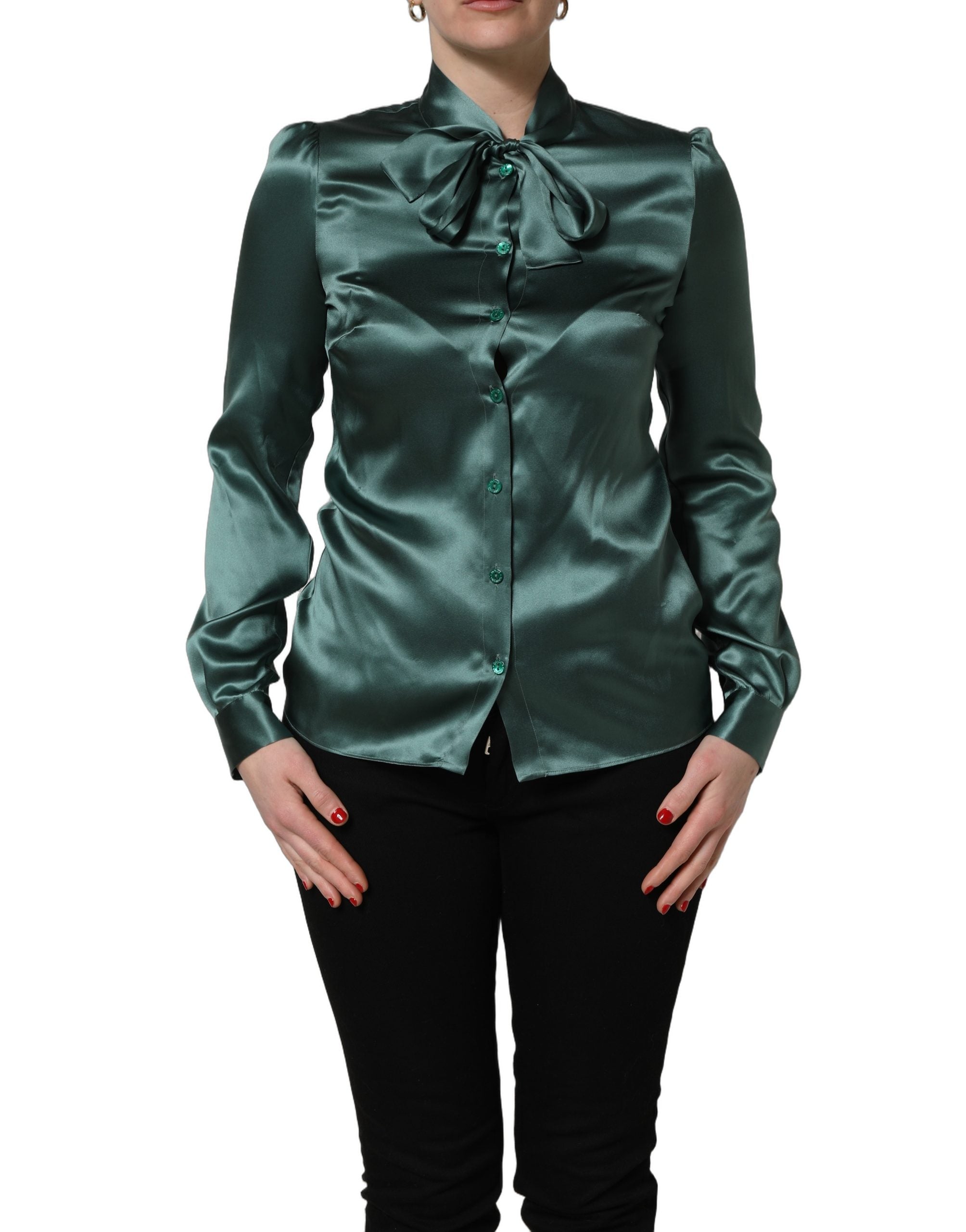 Dark Green Silk Satin Blouse Neck Tie Top
