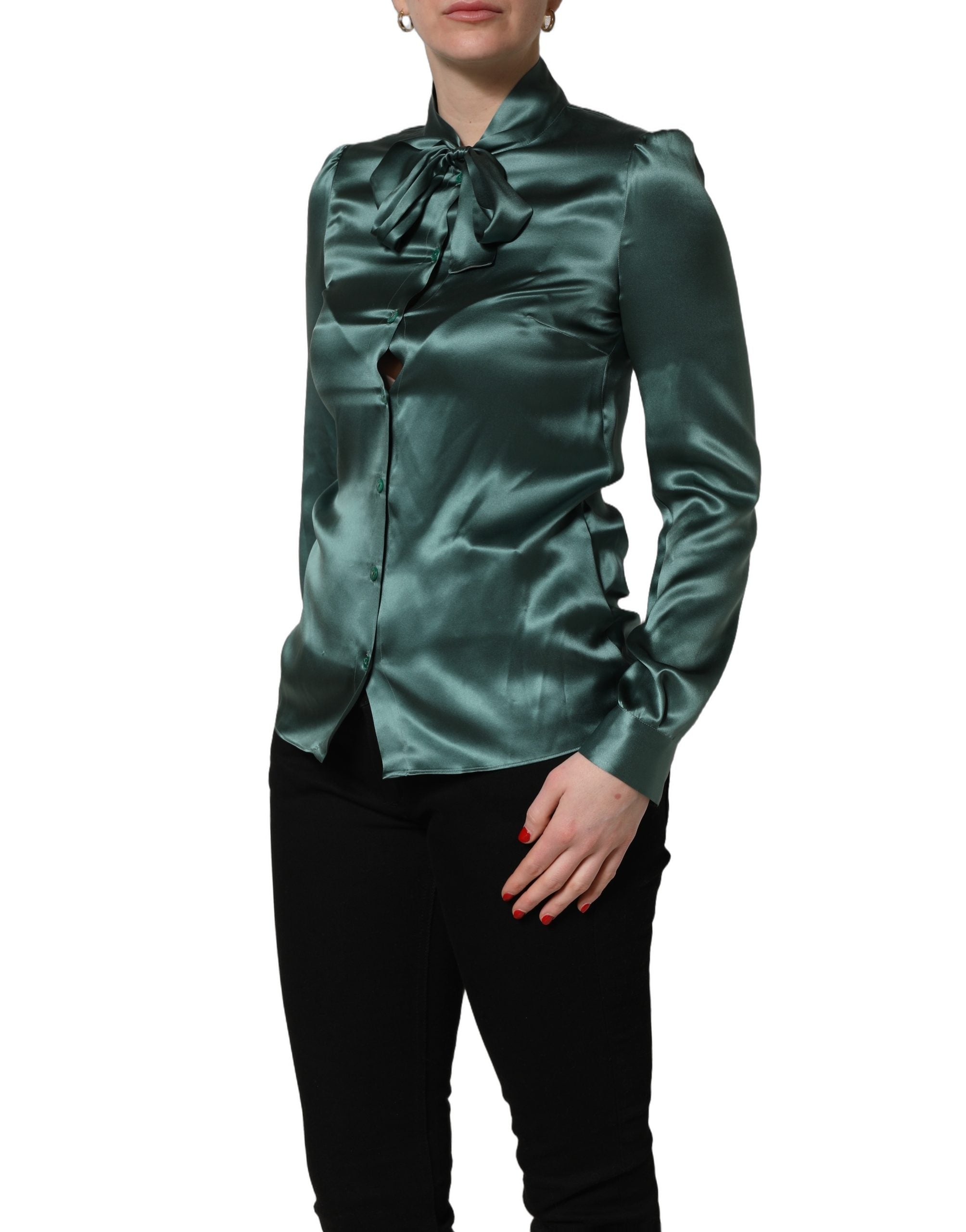 Dark Green Silk Satin Blouse Neck Tie Top
