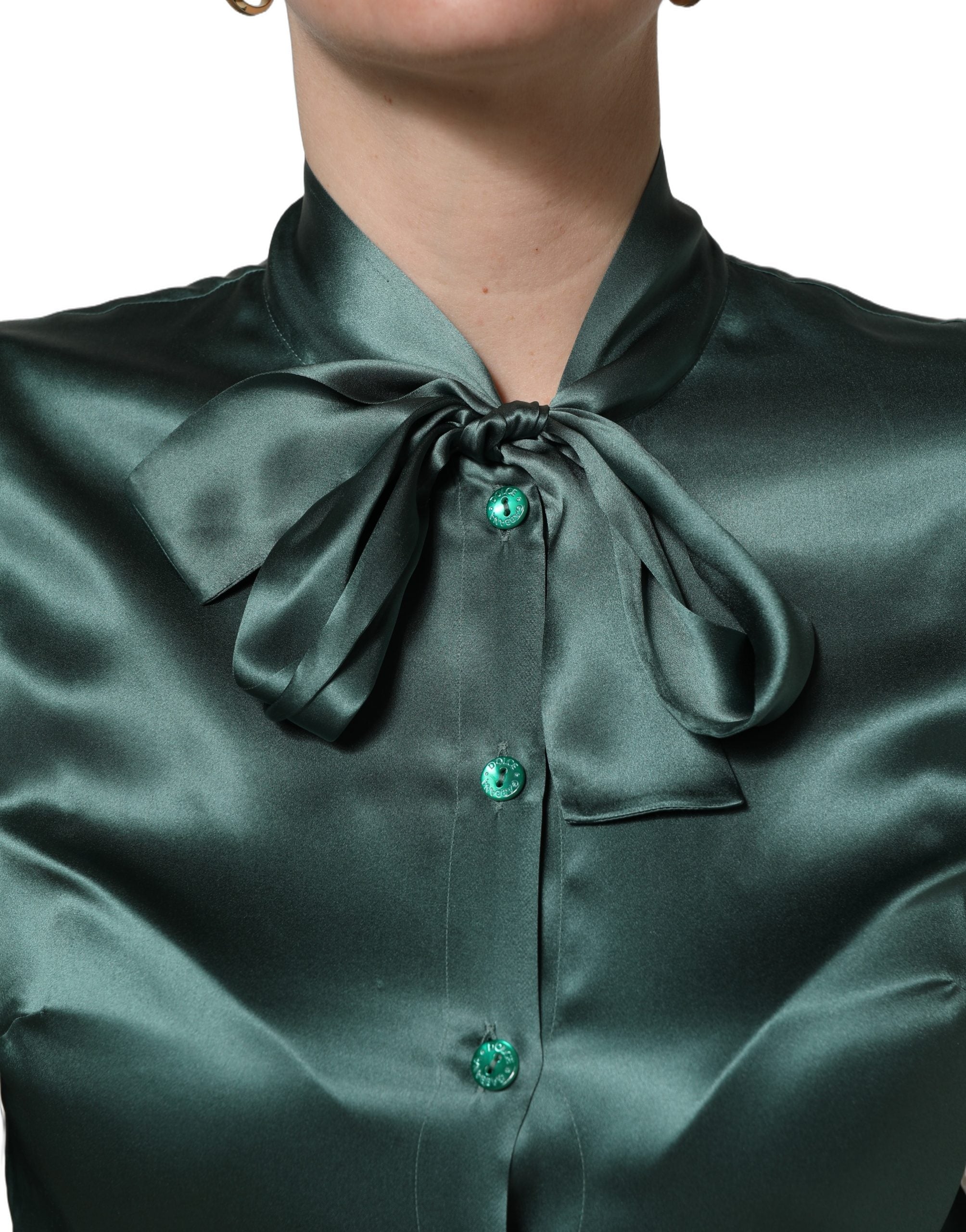 Dark Green Silk Satin Blouse Neck Tie Top
