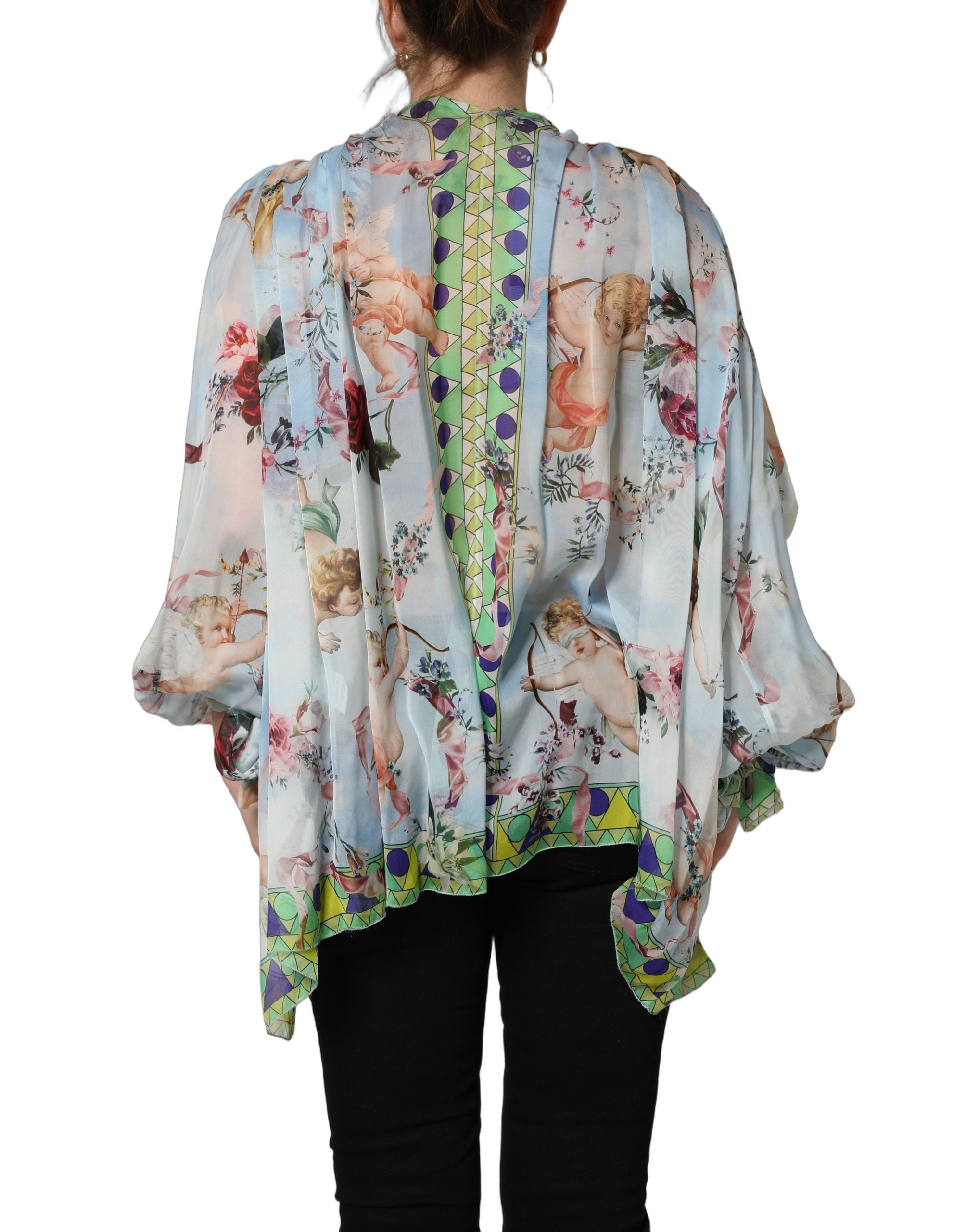 Light Blue Floral-Print Chiffon Blouse Top
