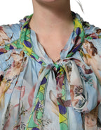 Light Blue Floral-Print Chiffon Blouse Top