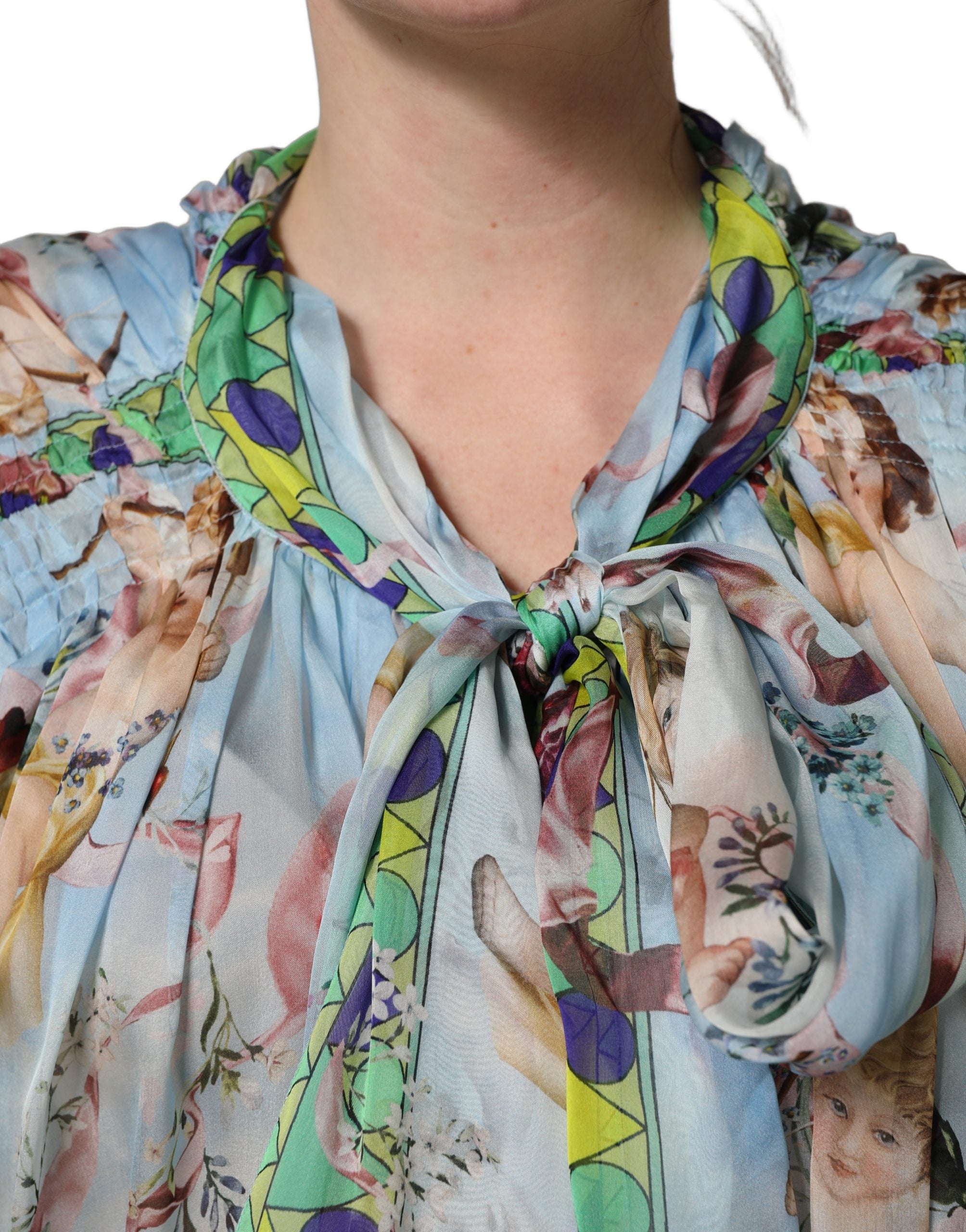 Light Blue Floral-Print Chiffon Blouse Top