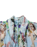 Light Blue Floral-Print Chiffon Blouse Top
