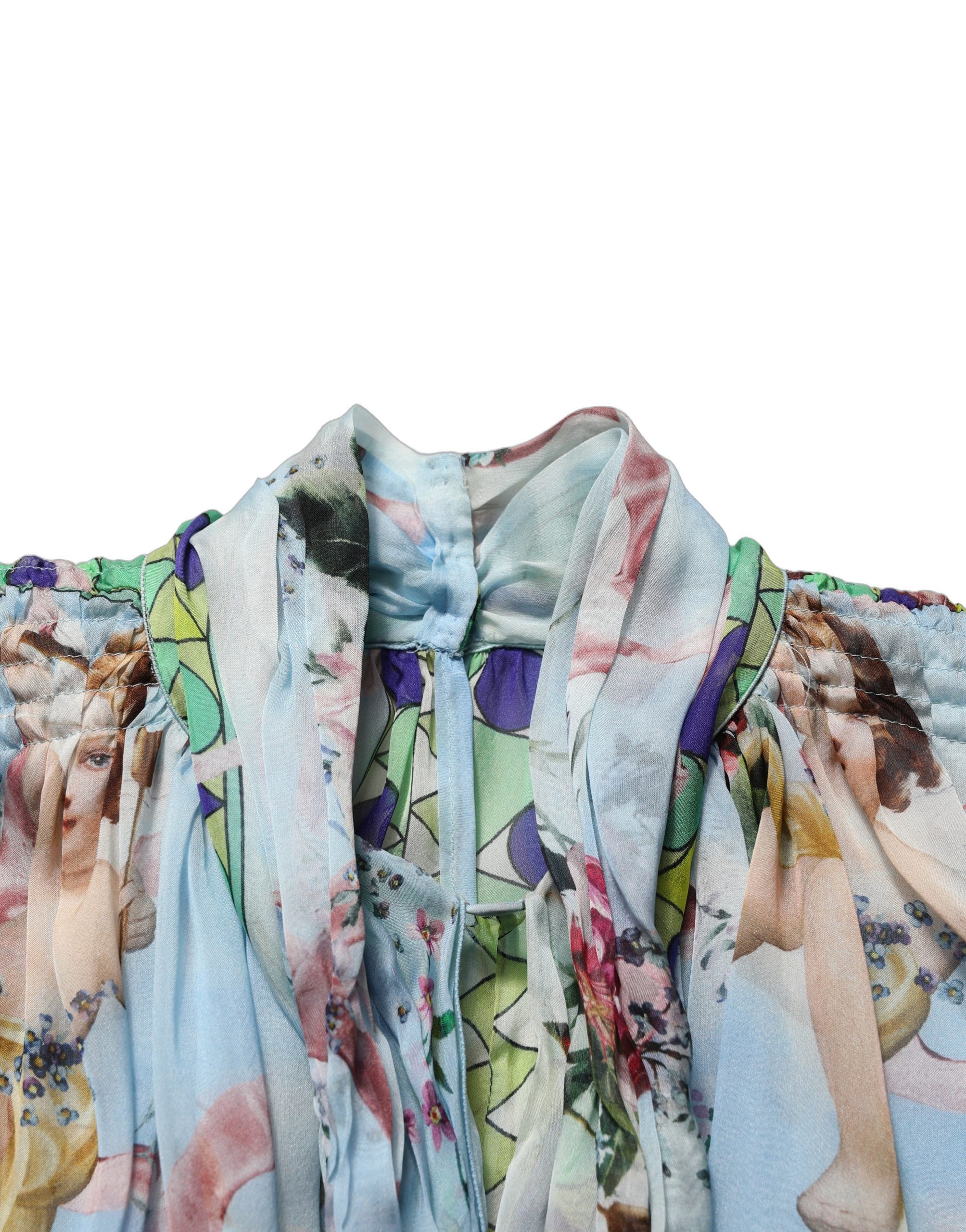 Light Blue Floral-Print Chiffon Blouse Top