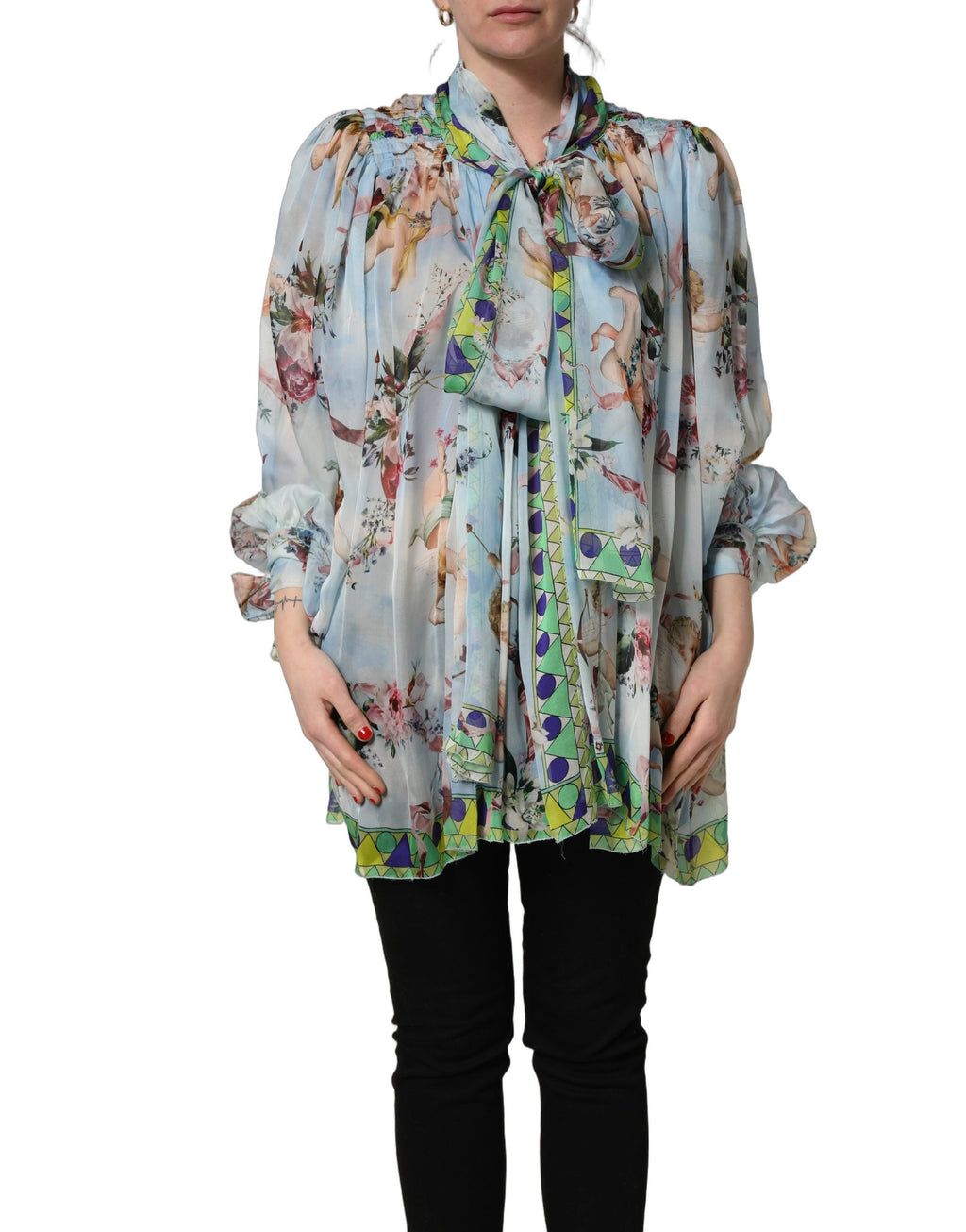 Light Blue Floral-Print Chiffon Blouse Top