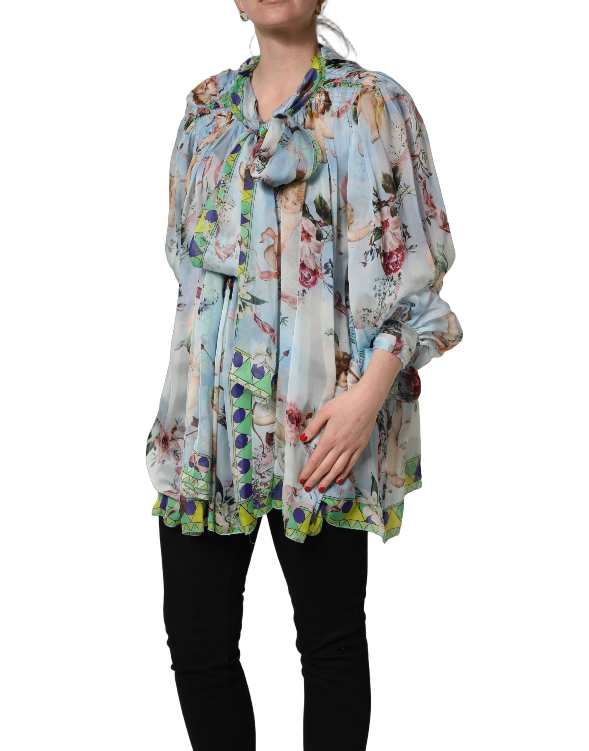 Light Blue Floral-Print Chiffon Blouse Top