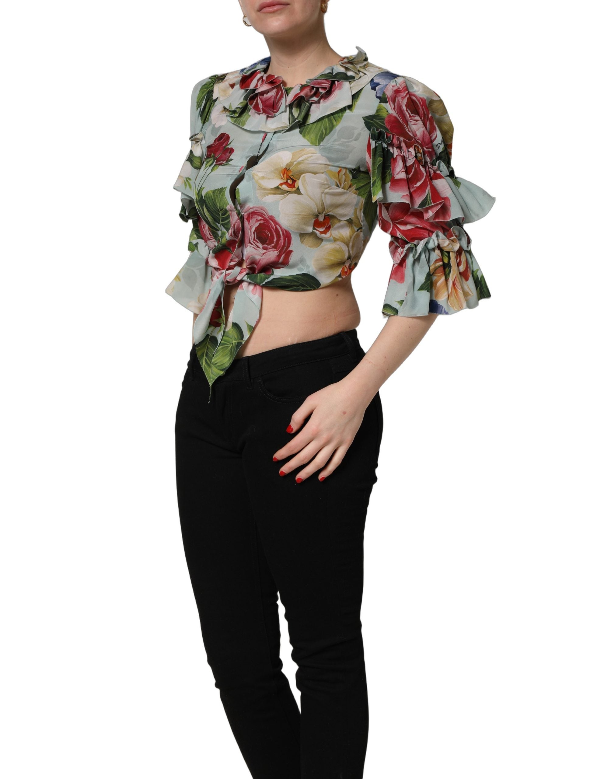 Multicolor Floral Silk Cropped Shirt Top