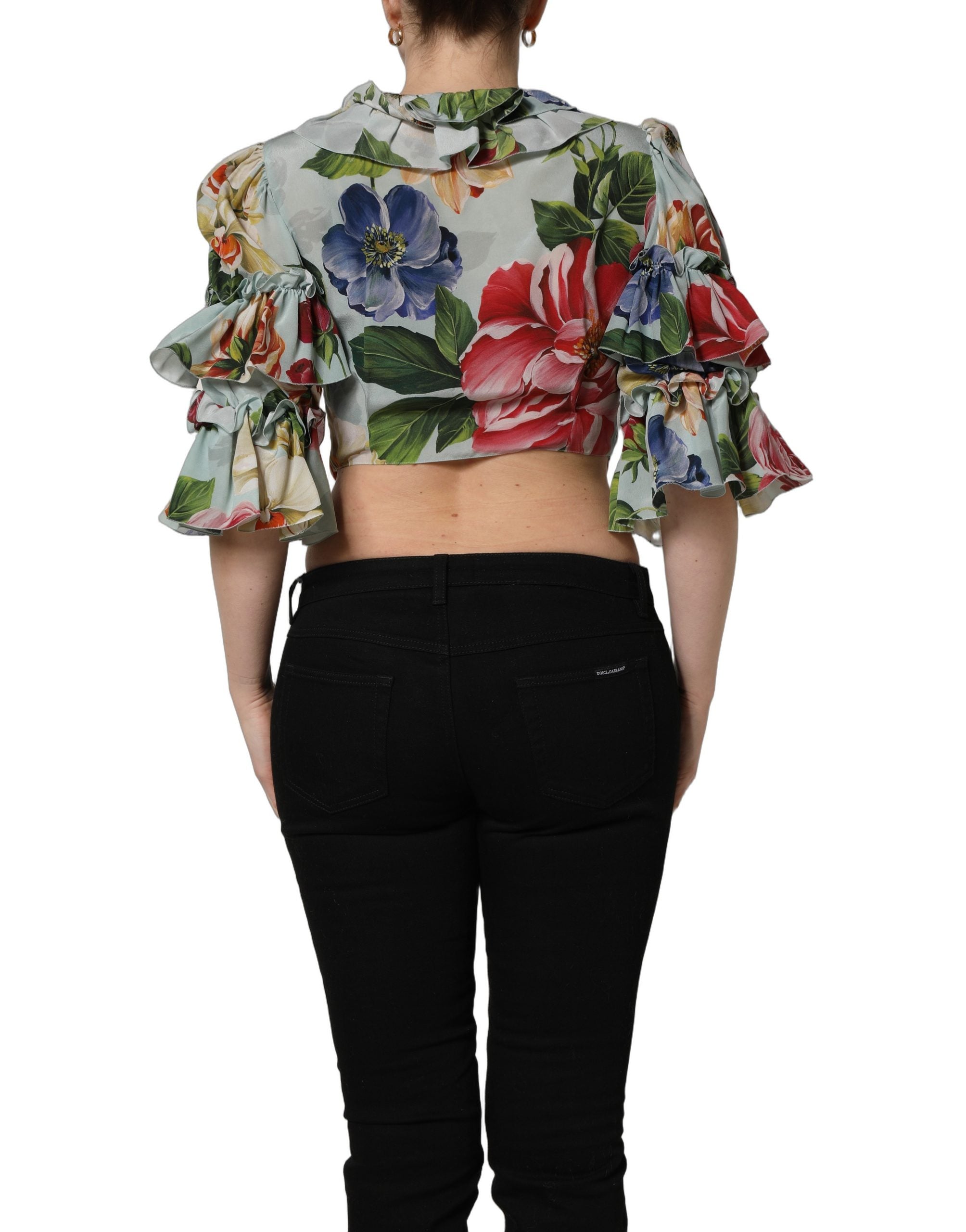 Multicolor Floral Silk Cropped Shirt Top