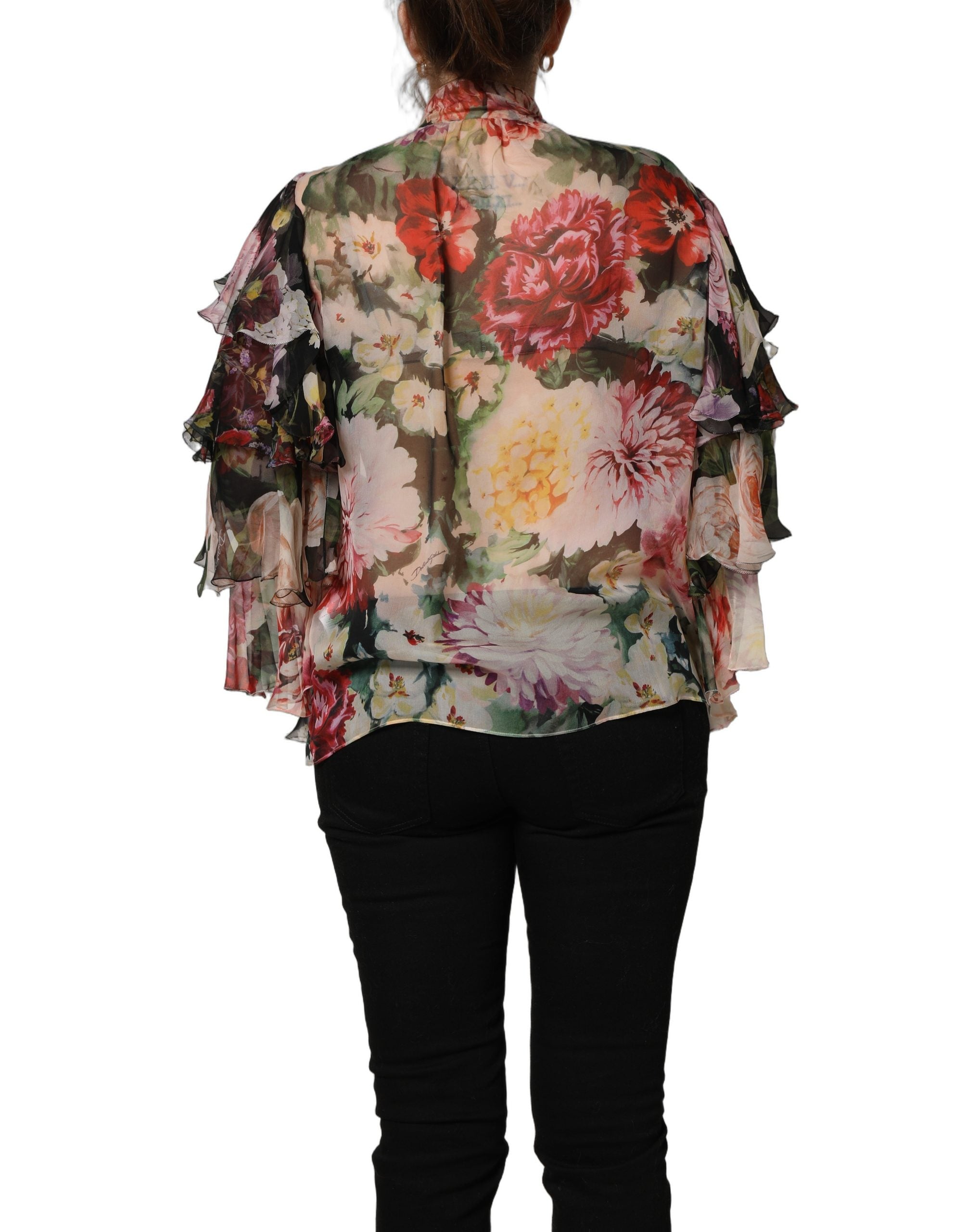 Multicolor Floral Tie-Neck Silk Chiffon Blouse Top