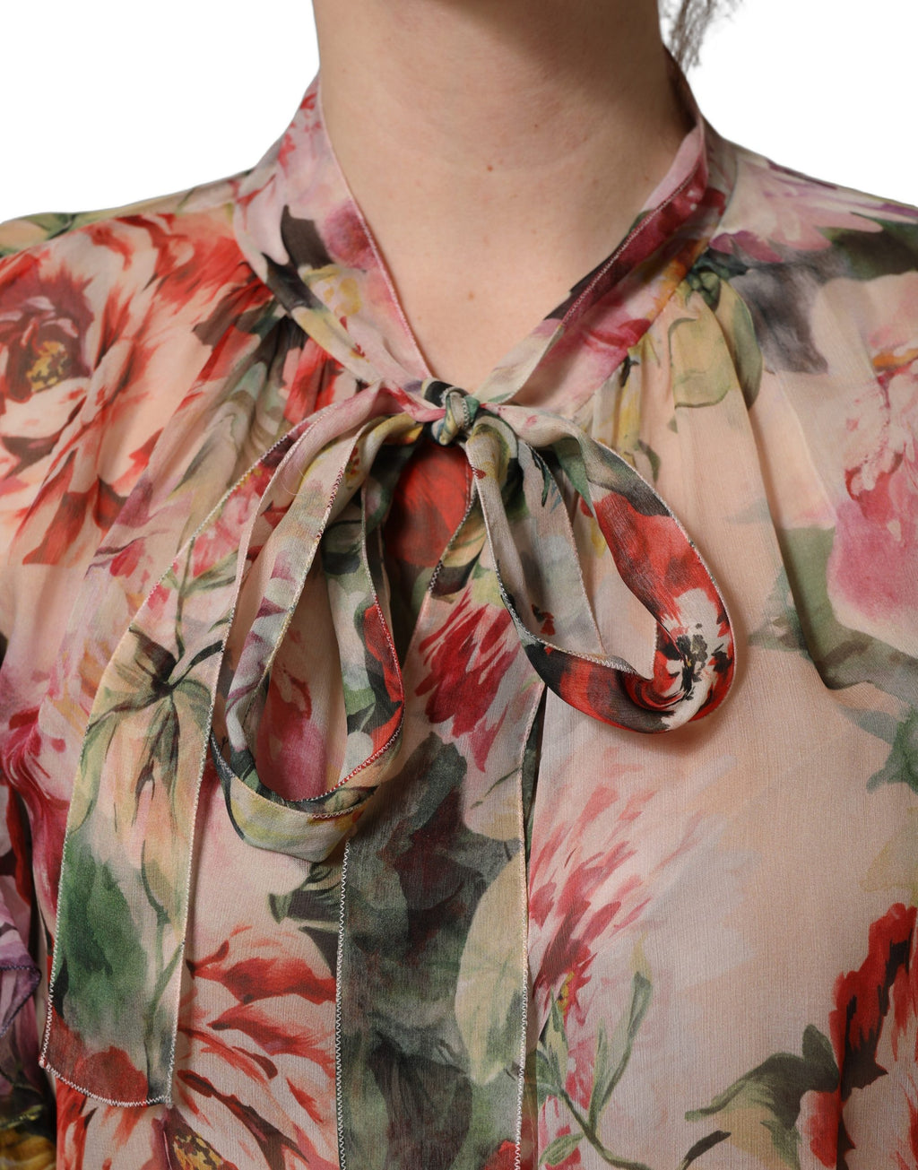 Multicolor Floral Tie-Neck Silk Chiffon Blouse Top