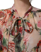 Multicolor Floral Tie-Neck Silk Chiffon Blouse Top