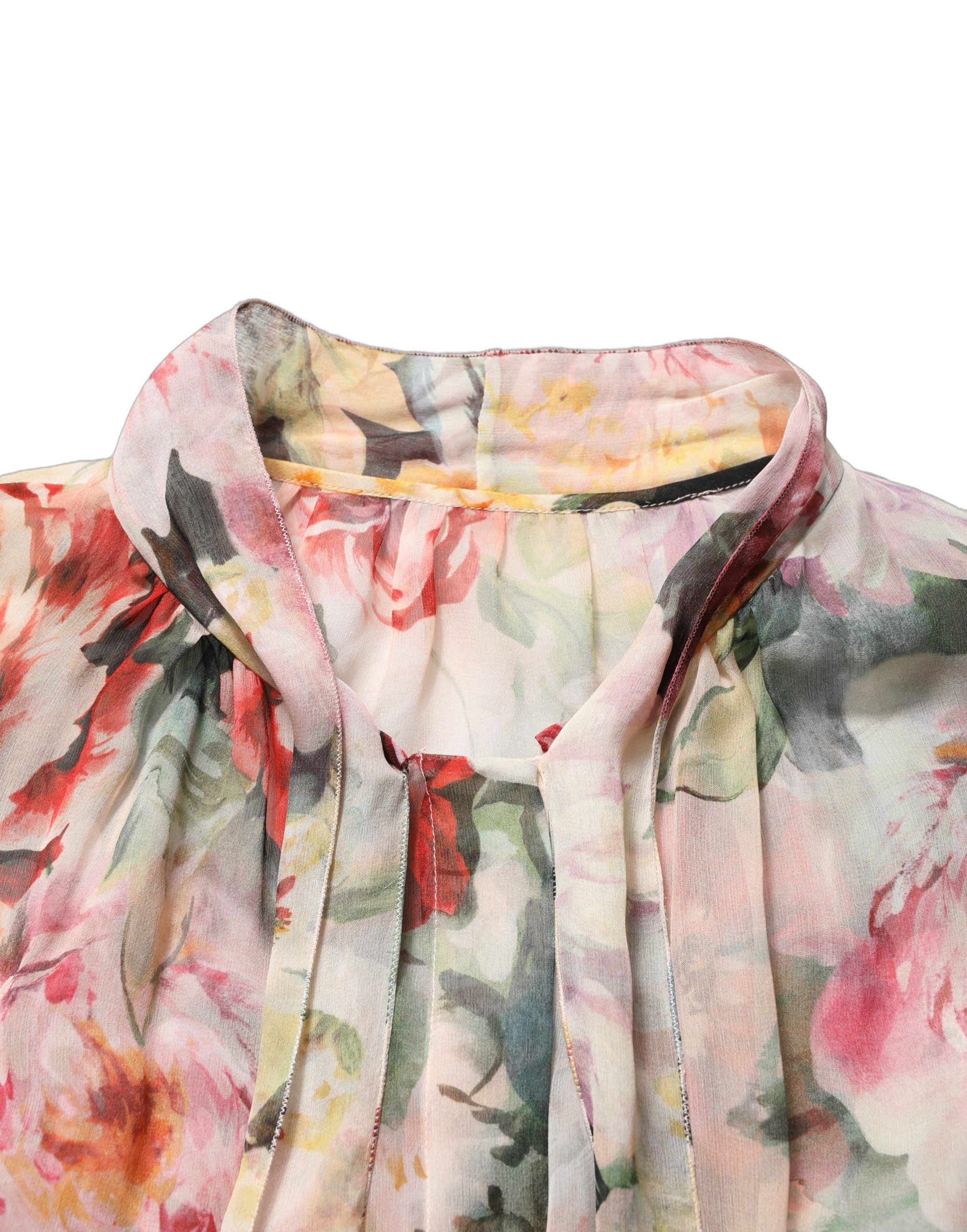 Multicolor Floral Tie-Neck Silk Chiffon Blouse Top