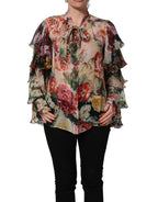 Multicolor Floral Tie-Neck Silk Chiffon Blouse Top