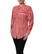 Red White Striped Long Sleeve Silk Blouse Top