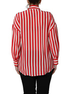 Red White Striped Long Sleeve Silk Blouse Top