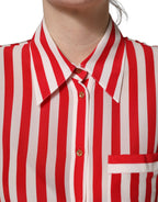 Red White Striped Long Sleeve Silk Blouse Top