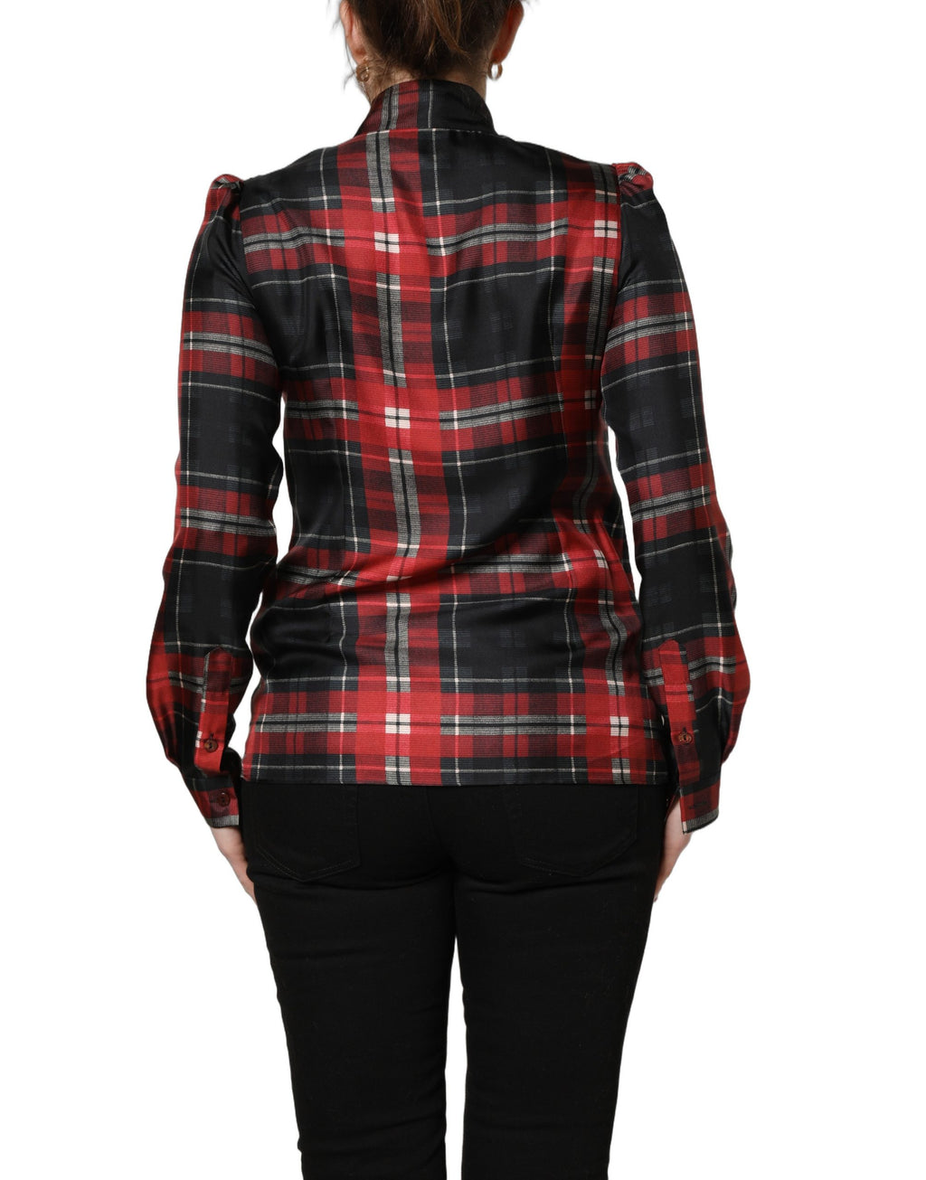 Red Black Plaid Silk Tie-Neck Blouse Top