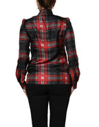Red Black Plaid Silk Tie-Neck Blouse Top