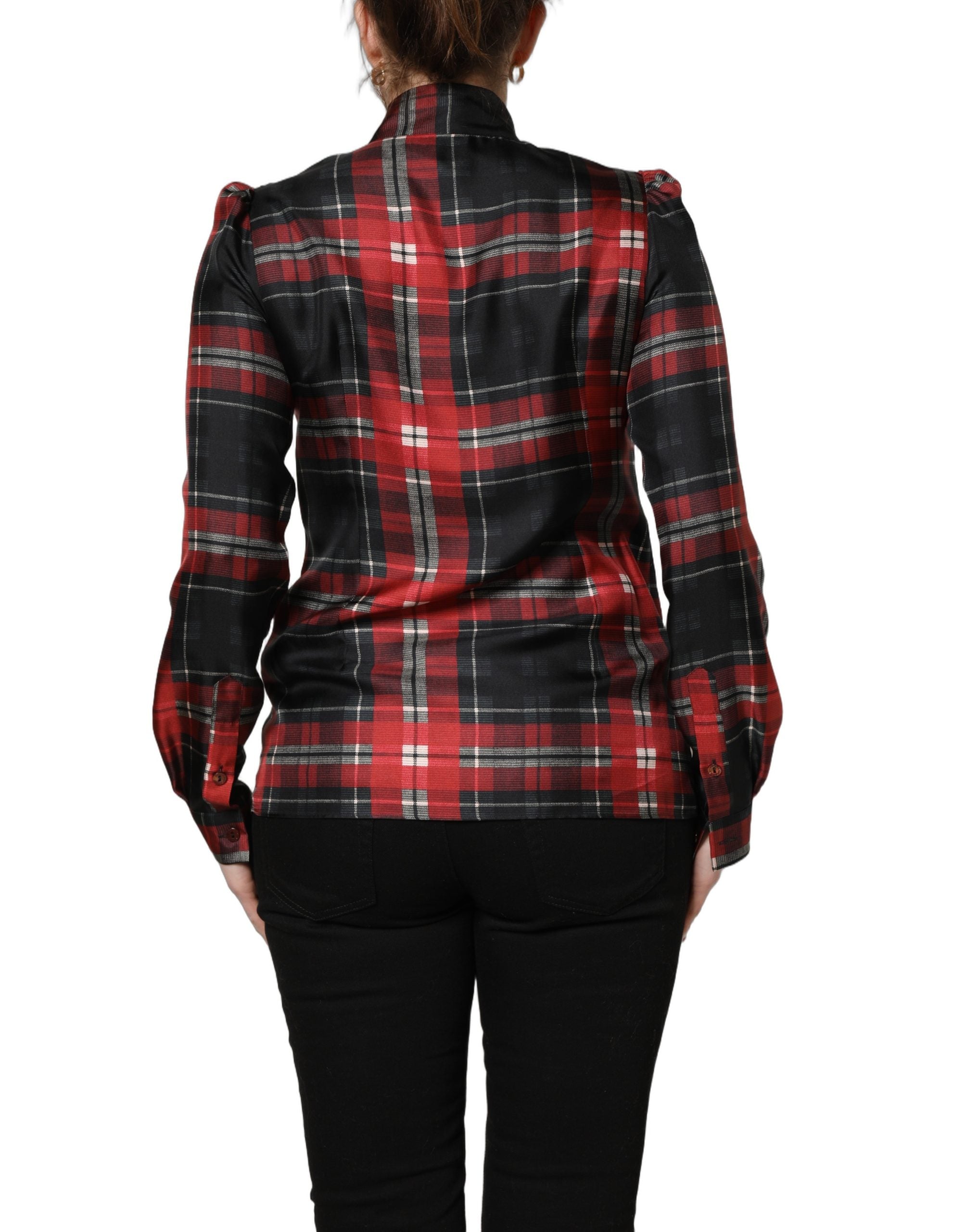 Red Black Plaid Silk Tie-Neck Blouse Top