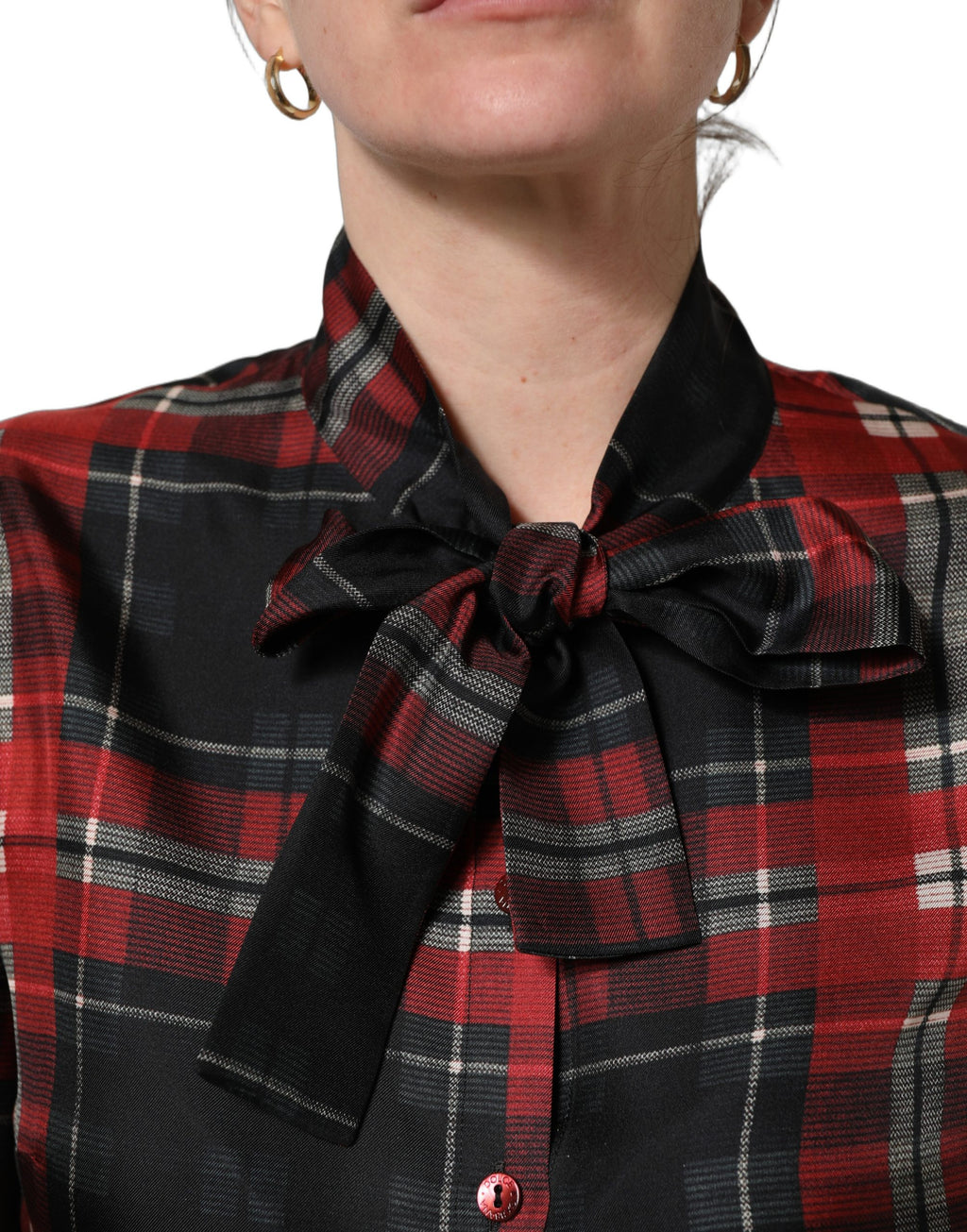 Red Black Plaid Silk Tie-Neck Blouse Top