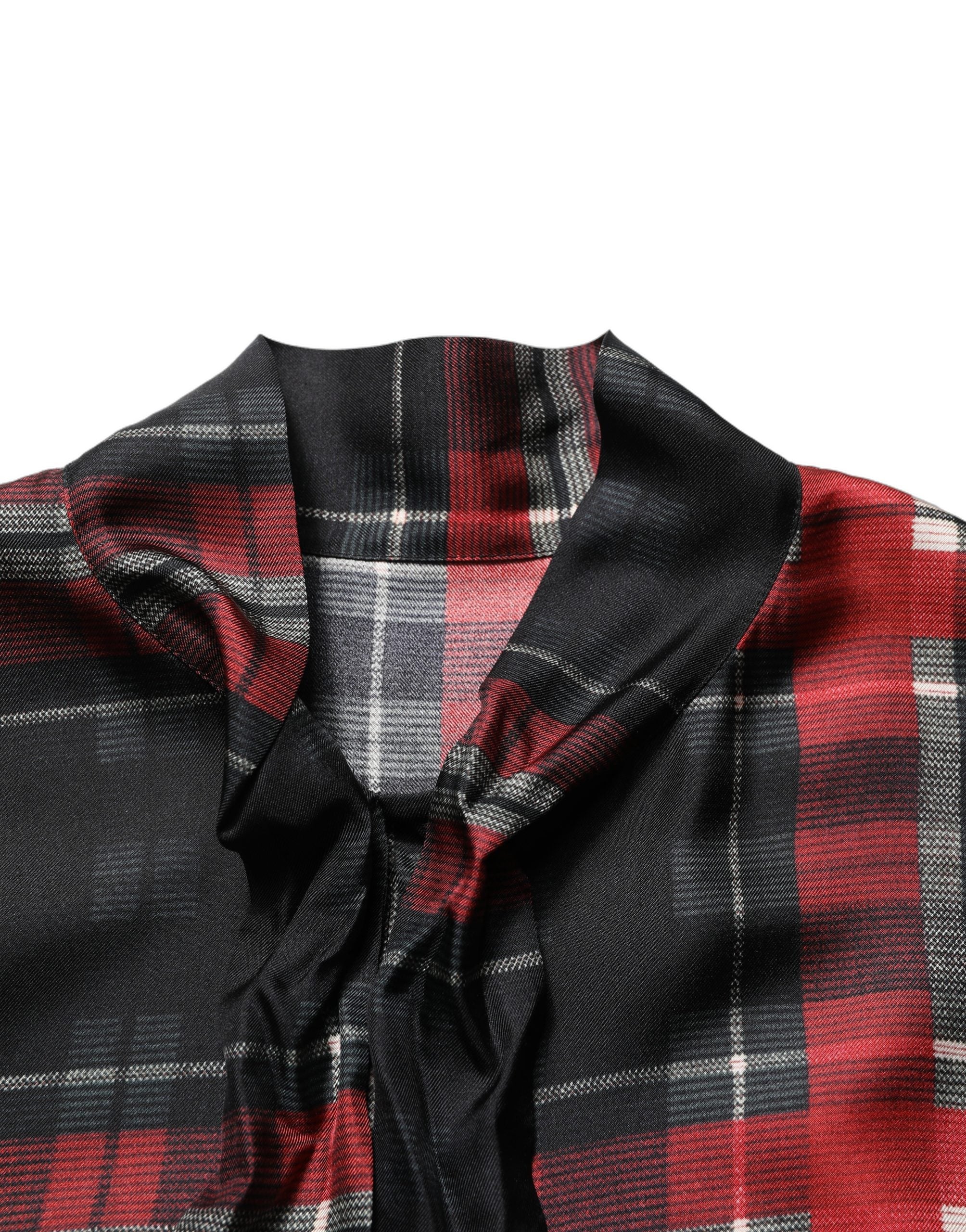 Red Black Plaid Silk Tie-Neck Blouse Top