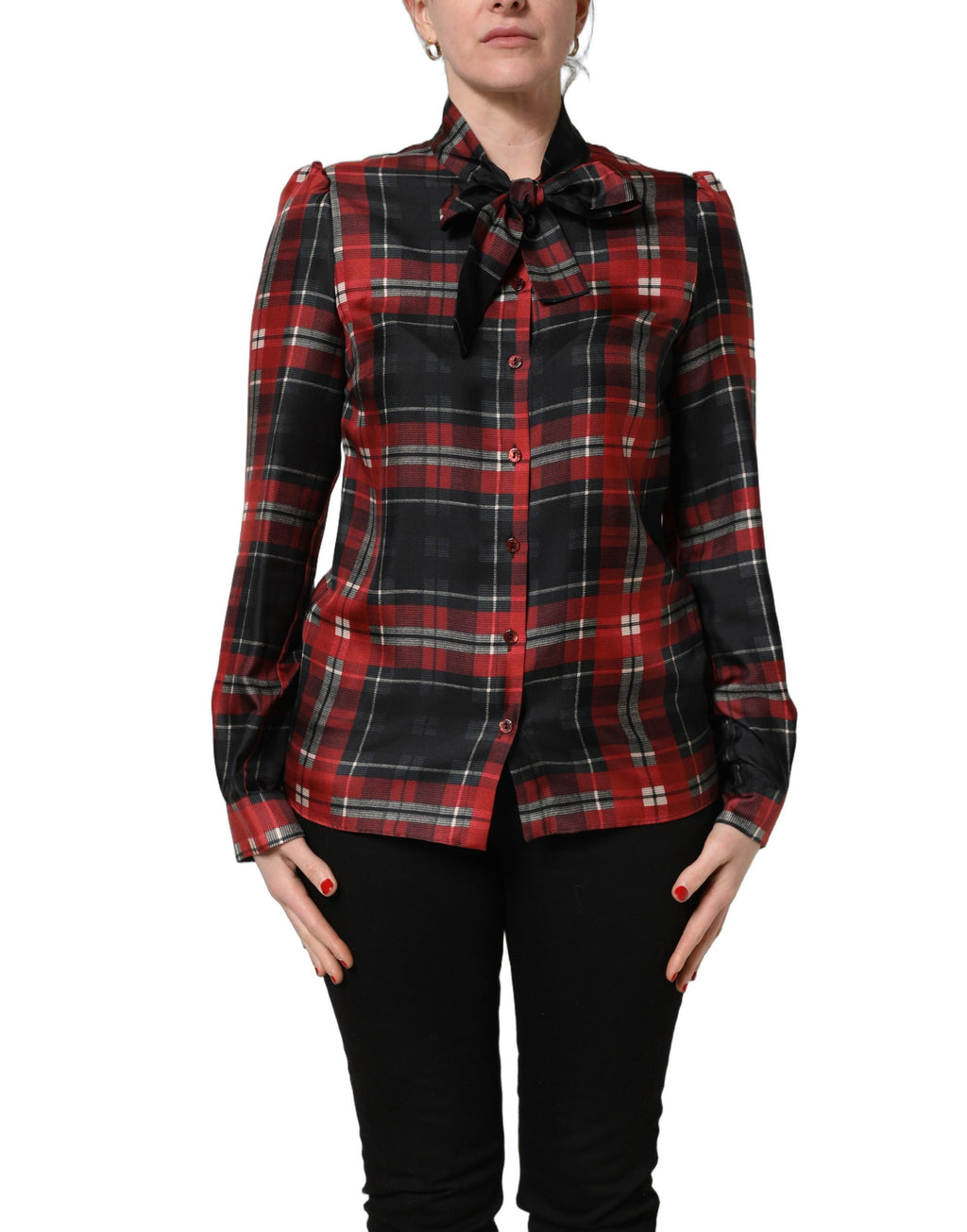 Red Black Plaid Silk Tie-Neck Blouse Top