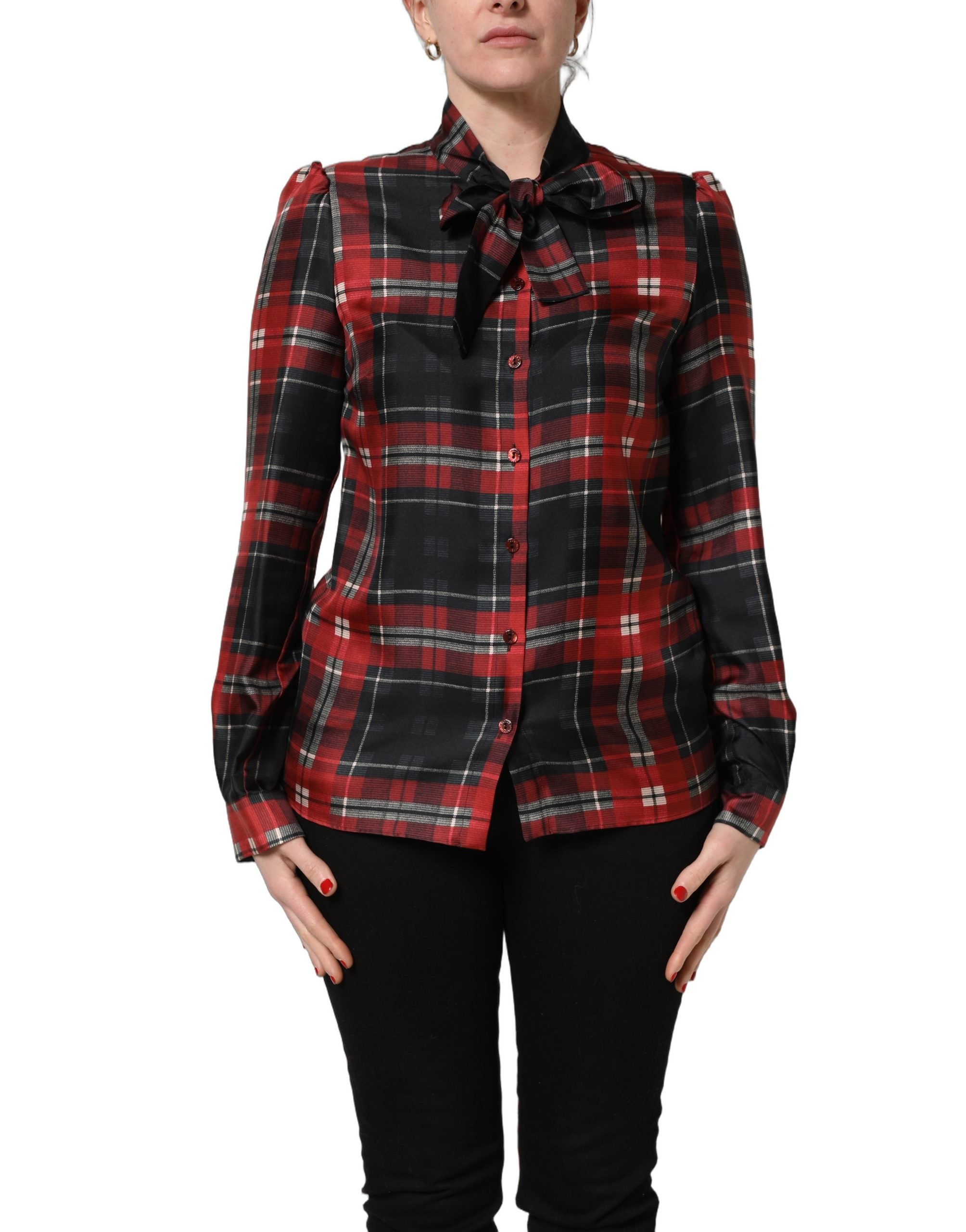 Red Black Plaid Silk Tie-Neck Blouse Top