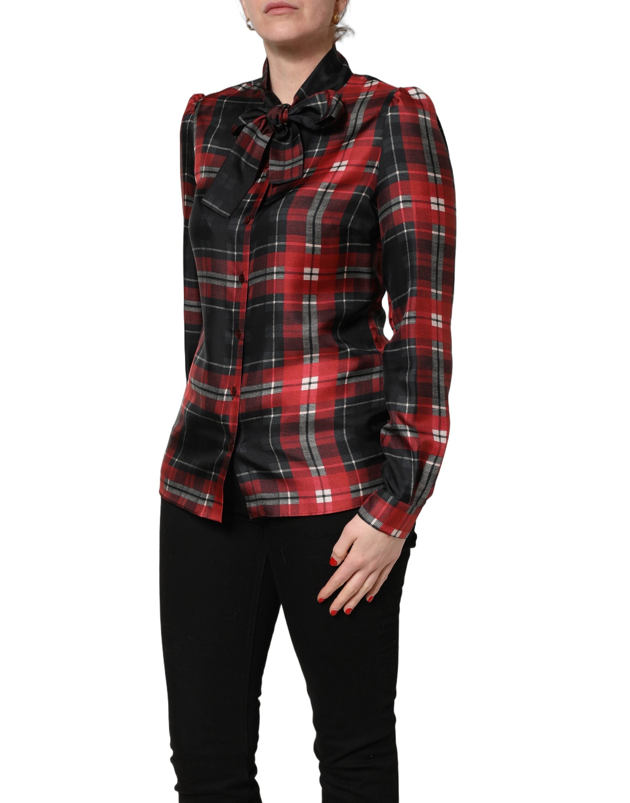 Red Black Plaid Silk Tie-Neck Blouse Top