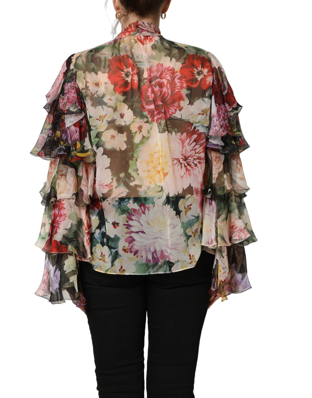 Multicolor Floral Tie-Neck Silk Chiffon Blouse Top