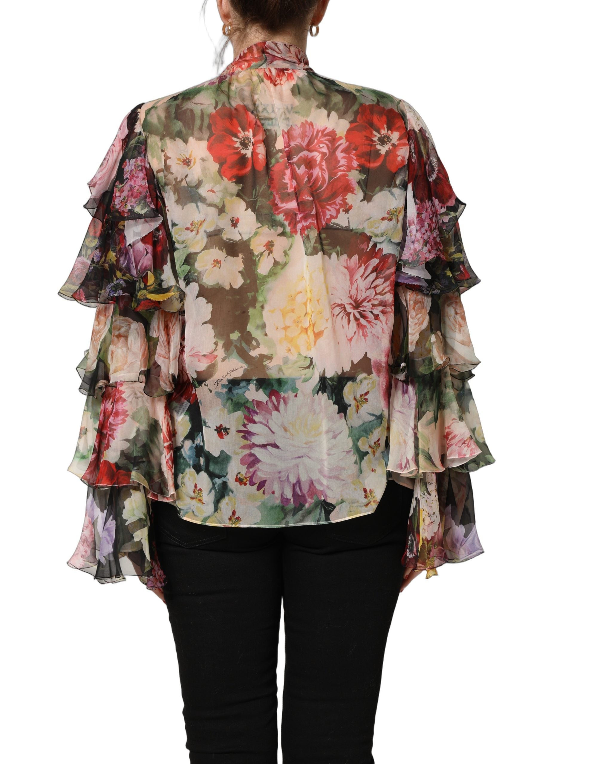 Multicolor Floral Tie-Neck Silk Chiffon Blouse Top