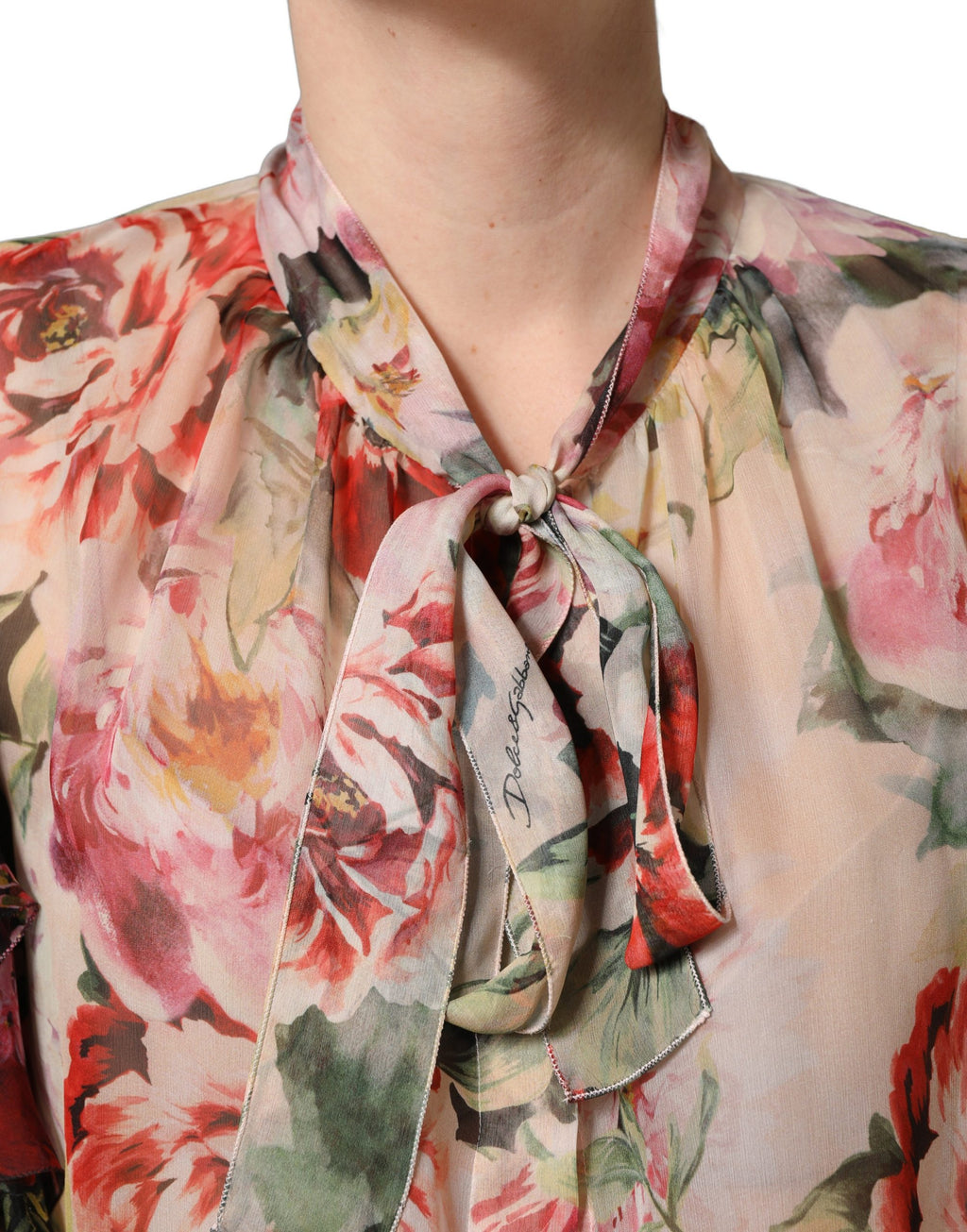 Multicolor Floral Tie-Neck Silk Chiffon Blouse Top